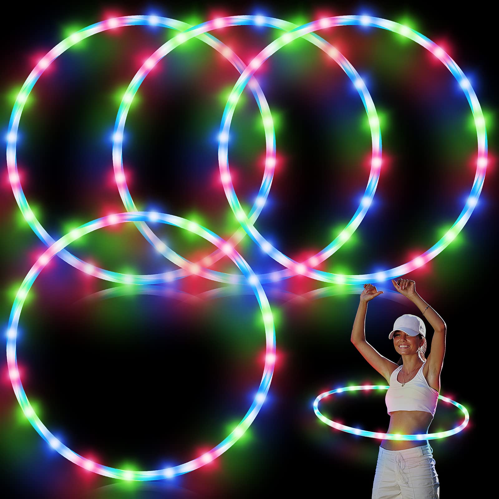 Jerify 4 Pack LED Hoop 36 Inch Light Up Hoop for Kids Adults Children LED Glowing Lights Fitness Exercise Hoop 10 Color Changing Exercise Glowing Hoop for Kids Dance Dark Fitness