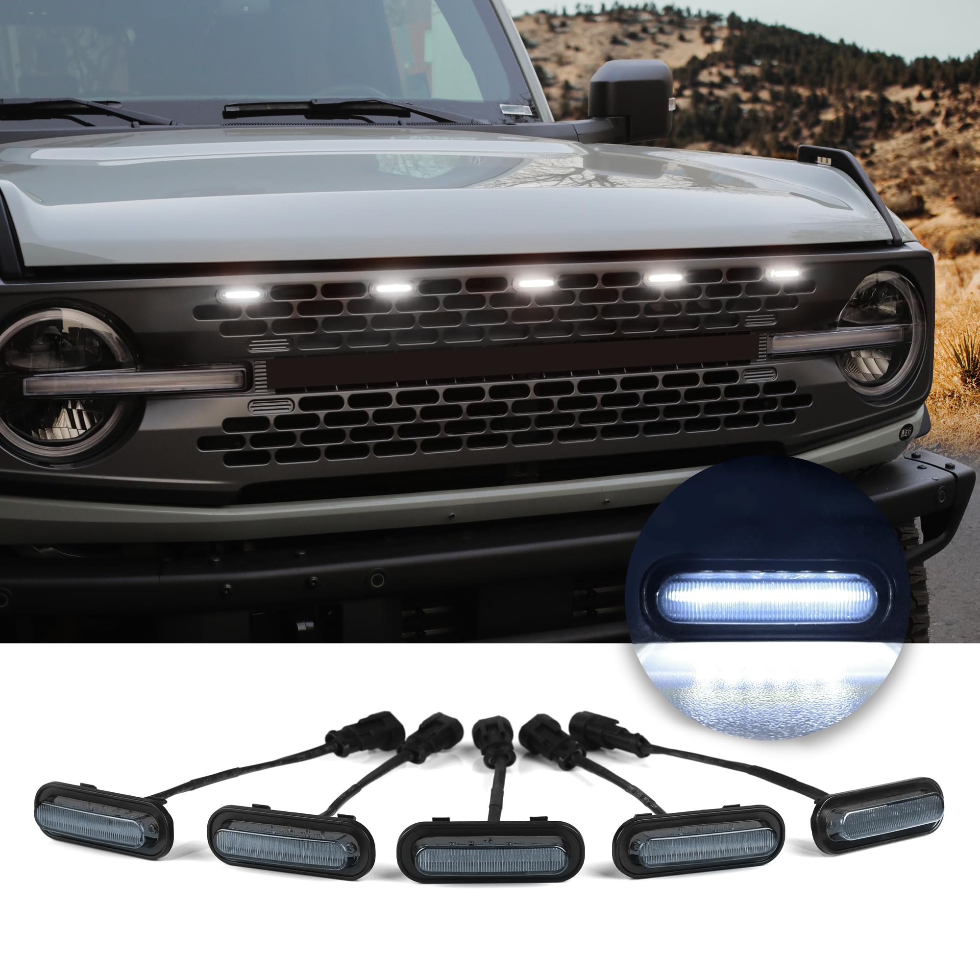 5 Pcs Front LED Grill Lights for Ford Bronco Accessories 2021 2022 2023 2/4 Door Badlands Wildtrak Everglades & First Edition (White Light with Black Shell)