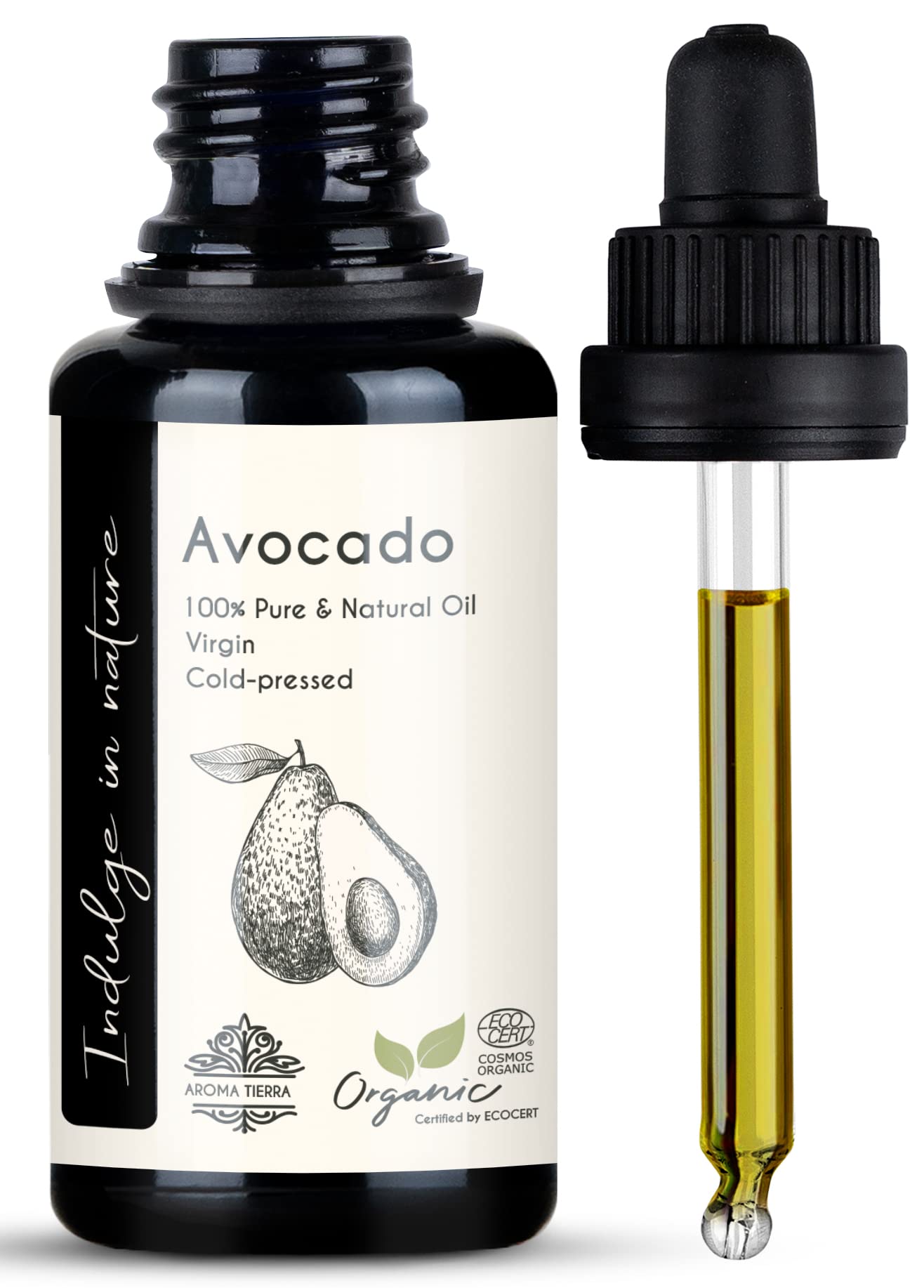 Aroma Tierra Avocado Oil - 100% Pure, Organic, Cold Pressed, Unrefined & Virgin - For Hair Growth, Face, Dry Skin, Body, Dark Circles - 30ml