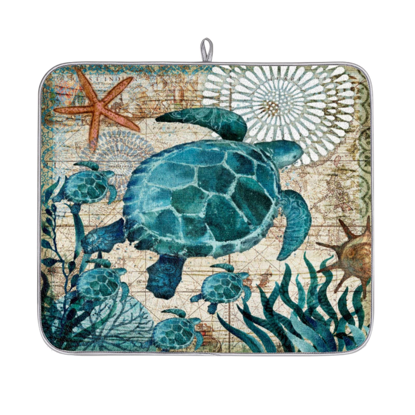 Sea Turtle Dish Drying Mat for Kitchen Counter Absorbent and Reversible Microfiber Dish Drying Mats 16x18 Inches 1 Pack