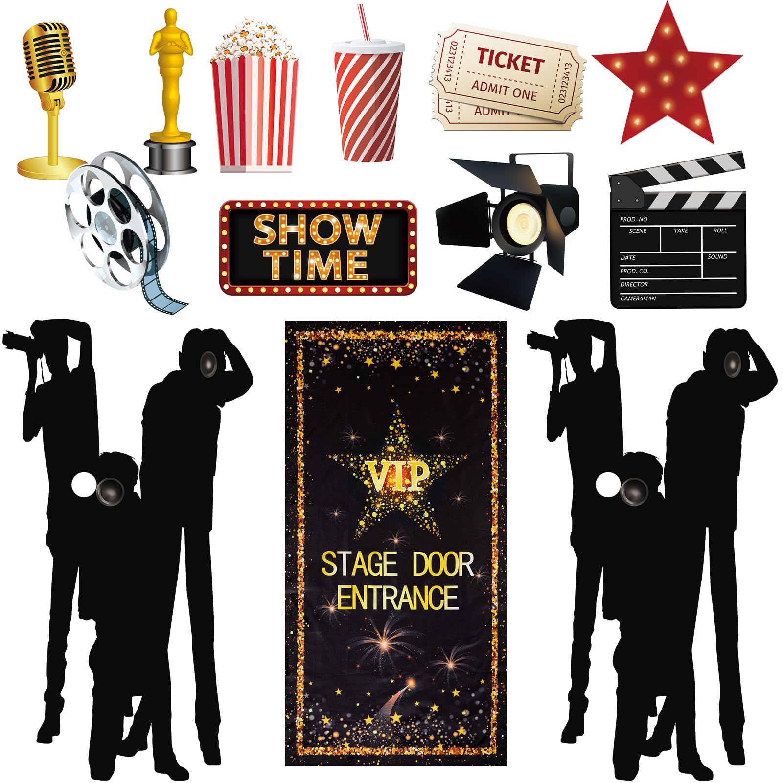 14 Pieces Movie Theme Photography Backdrop and Studio Props DIY Kit, VIP Stage Door Entrance Doors Cover, Paparazzi Props Party Accessory Awards Night Ceremony Photo Booth Background for Party Decor