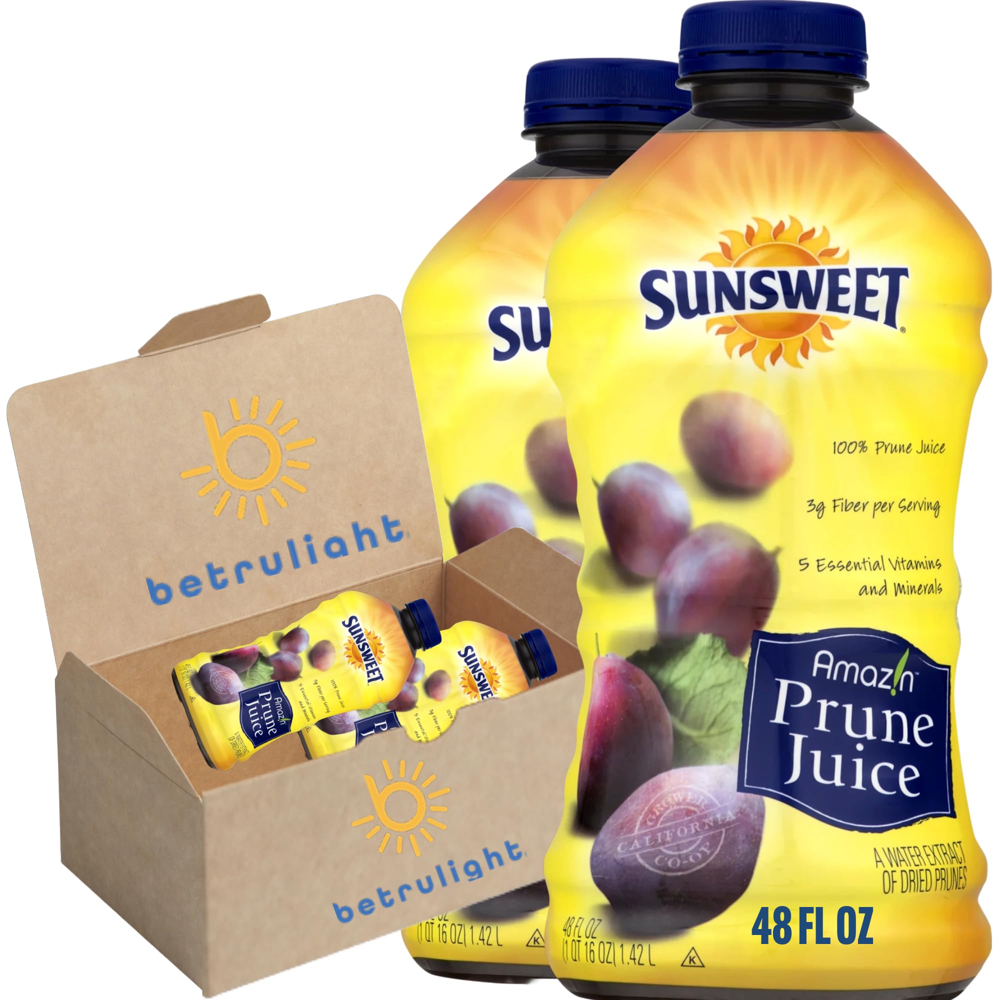 Prune Juice for Constipation | Sunsweet Prune Juice is Zero Fat, Low Carbs and Keto Friendly Drinks | Prune Juice Jumbo Bottle of 48 Fl Oz – 2 Pack comes in a BETRULIGHT Branded Box