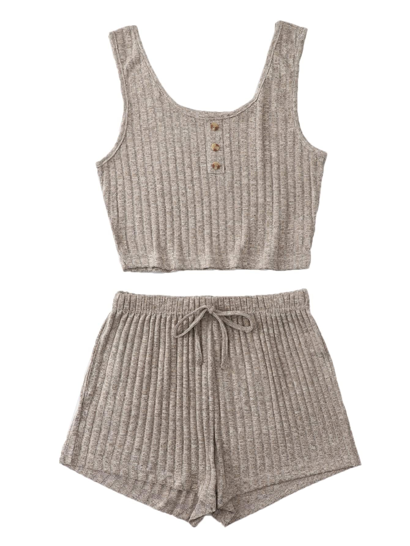 SOLY HUXWomen's Button Front Ribbed Knit Tank Top and Shorts Pajama Set Sleepwear Lounge Sets