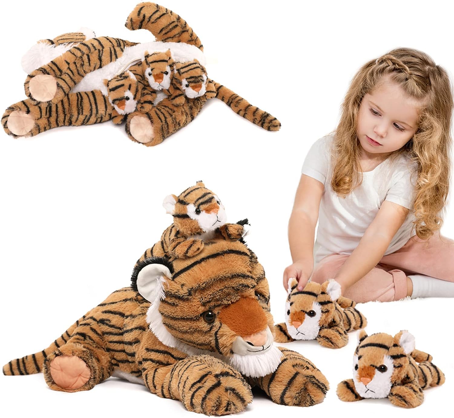 MorisMos Tiger Teddy, 50cm Tiger Plush Toys Set, Stuffed Mommy Tiger with 4 Cute Plush Babies Insside, Giant Tiger Soft Toys Cool Stuffed Tiger Animals Gifts for Boys Girls Birthday Christmas