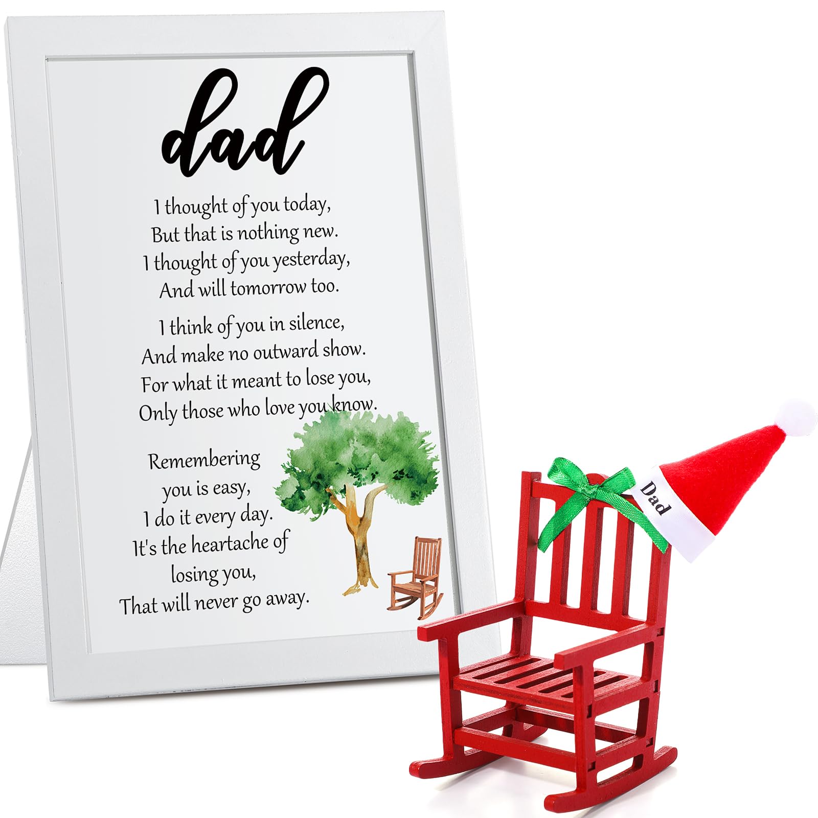 Hoolerry Christmas Dad Memorial Gift Dad Christmas in Heaven Empty Chair Wooden Remembrance Sign Wood Rocking Chair Miniature Santa Hats Ornament for Loss of Loved Father for Bereavement Xmas Gift