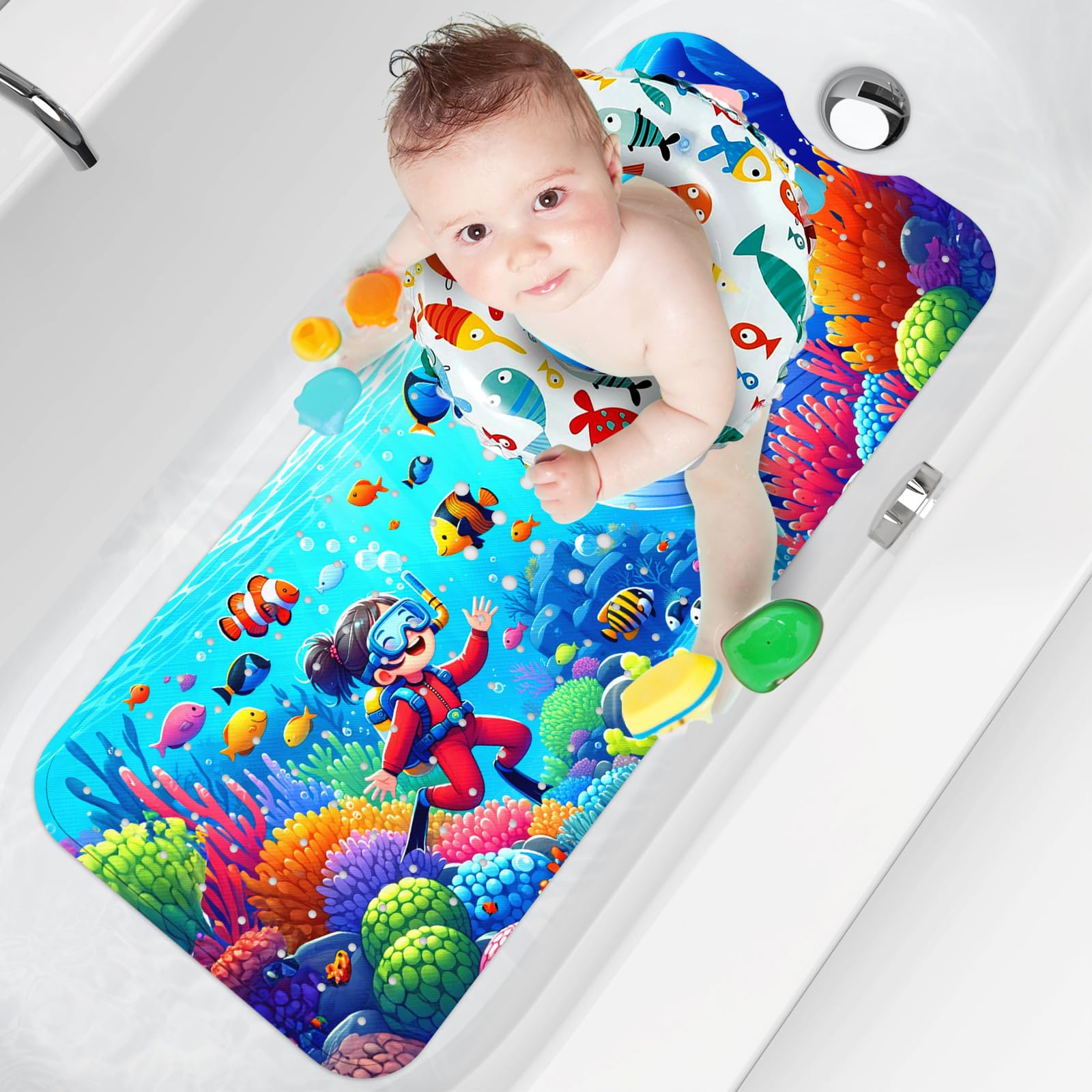 XIYUNTEBaby Bath Mat Non Slip Anti Mould, Baby Bath Mats Non Slip, 100x40cm Extra Long Bath Mat Non Slip Kids Shower Mat with Suction Cups & Drain Holes, Machine Washable, Blue Shark