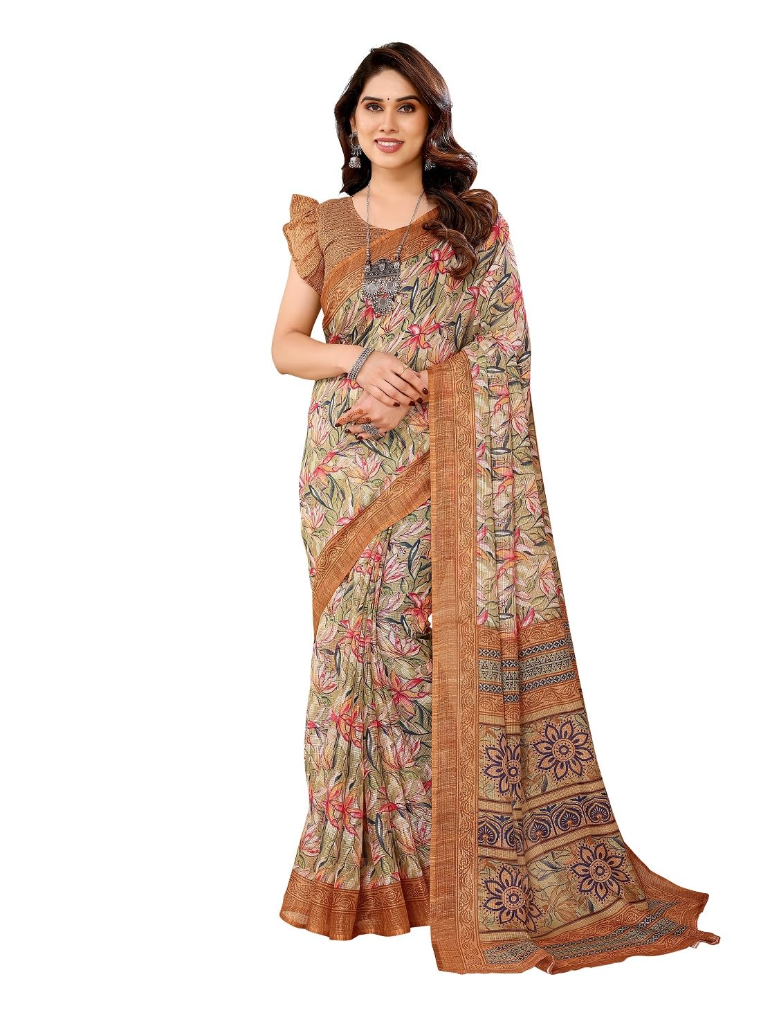 RAJESHWAR FASHION WITH RFWomen's Kota Doria Floral Printed Fancy Sarees For Girls With Blouse Piece,Saree Length-5.50 Mtr,Blouse Length-0.8 Mtr(Tulsi)