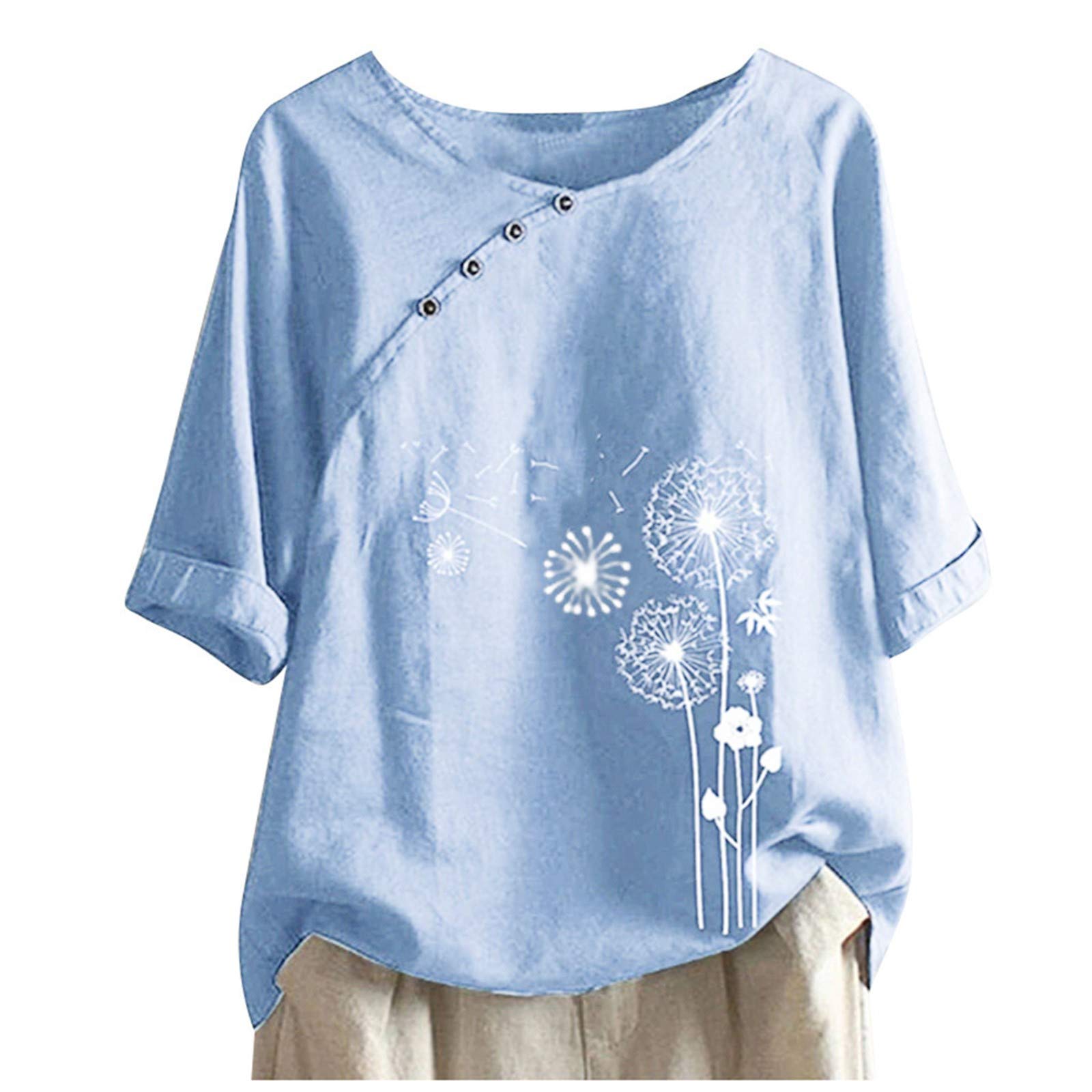 Womens Summer Tops Cotton Linen Shirts Casual Floral Print Short Sleeve T Shirts Blouse Tops Plus Size Basic Tops Loose Fit Vintage Tops Crewneck Tunic Blouse Ladies Henley T-Shirt