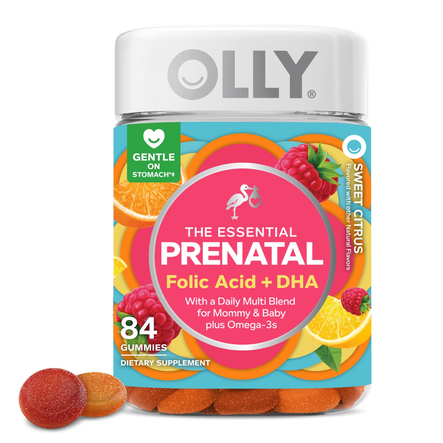 OLLY Essential Prenatal Gummy Multivitamin, Folic Acid, Vitamin D, Omega 3 DHA, Supports Healthy Growth and Brain Development, Citrus Berry - 84 Count