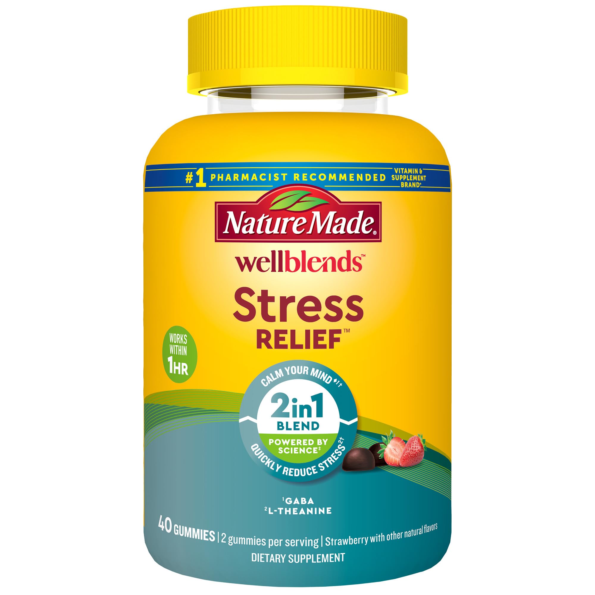 Nature Made Wellblends Stress Relief Gummies, L theanine 200mg to Help Reduce Stress, with GABA 100mg, Same Day Stress Support, 40 Strawberry Flavor Gummies