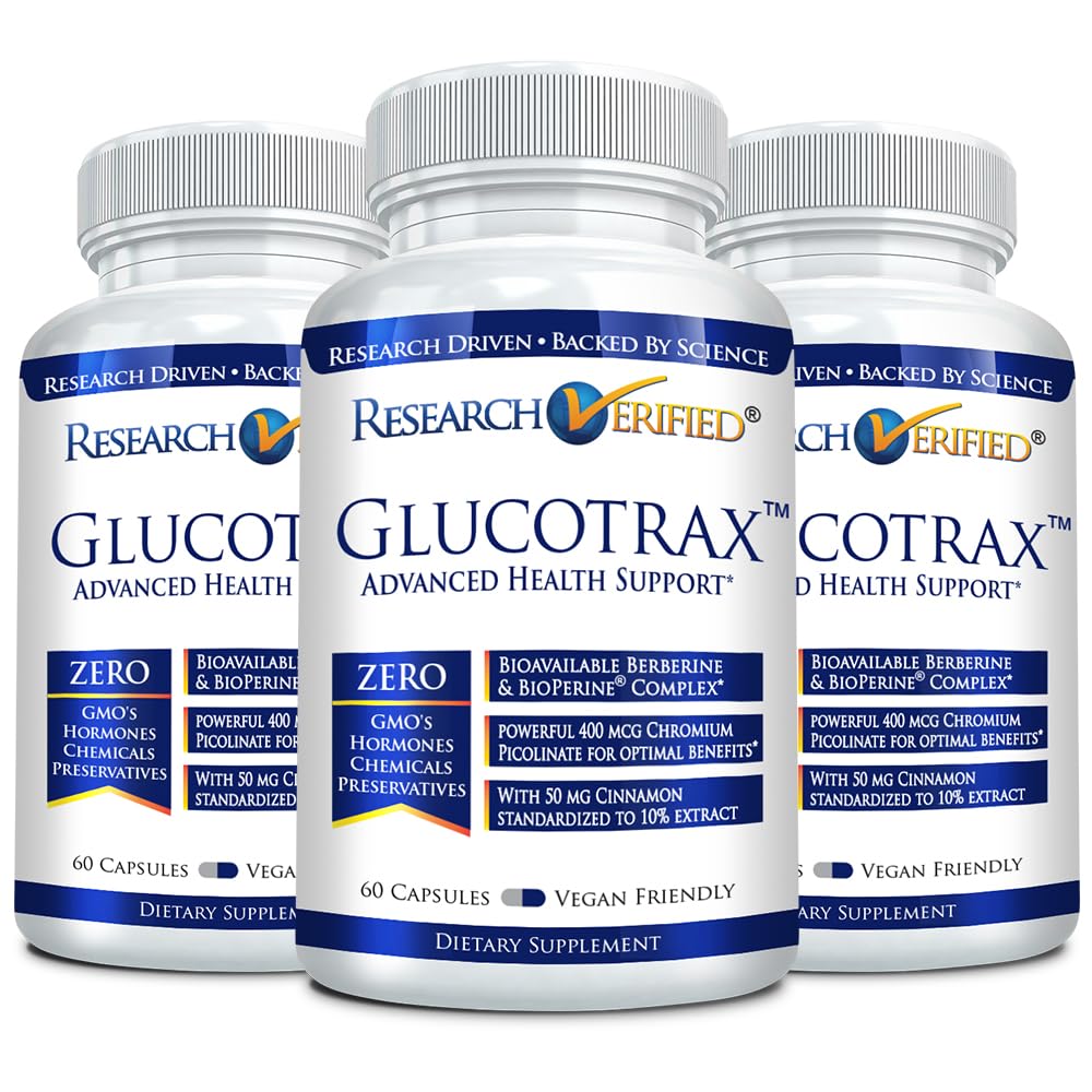 Research Verified Glucotrax - Berberine, Chromium Picolinate, Cinnamon, Gymnema - 3 Month Supply - 180 Capsules