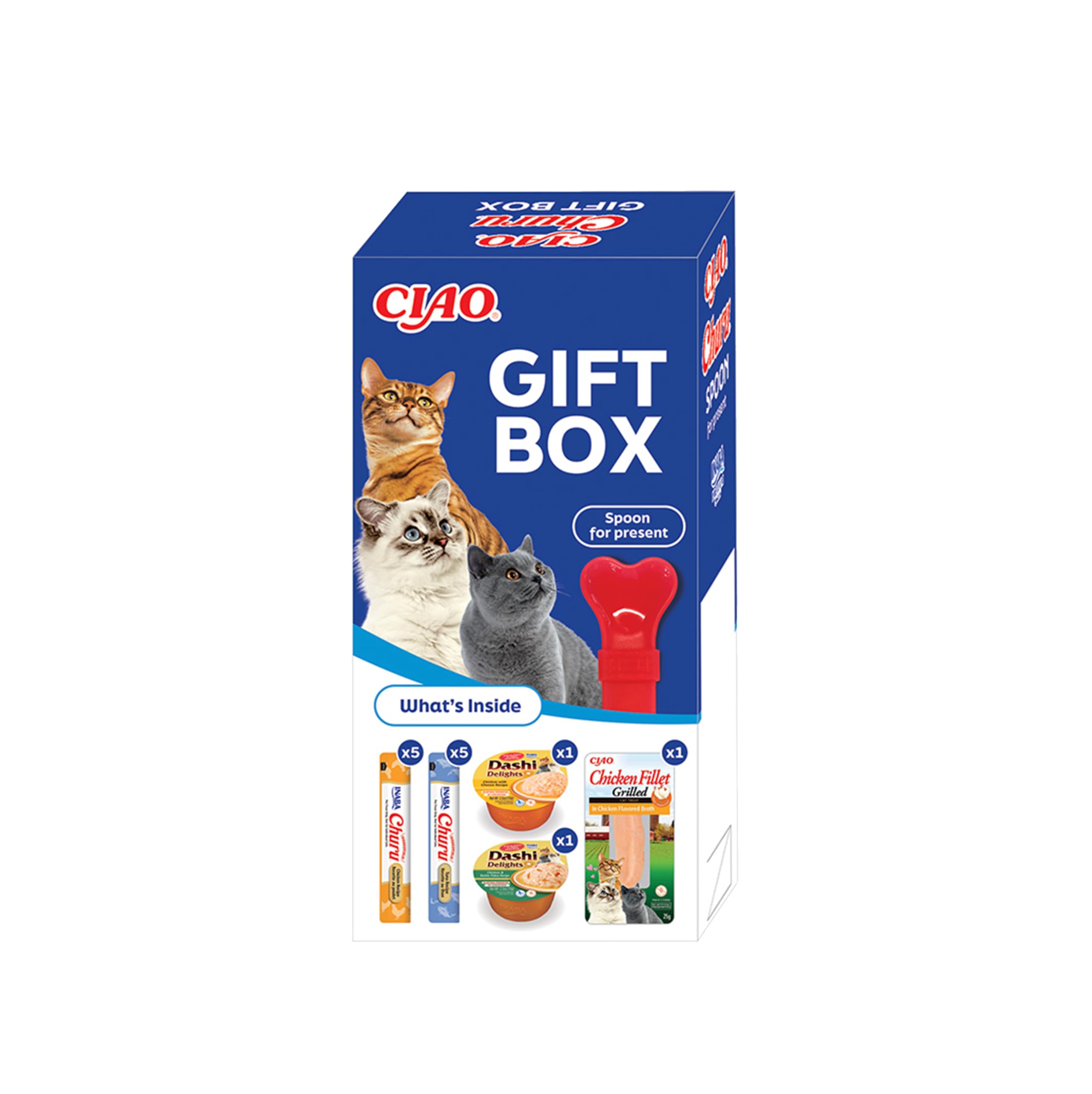 Ciao Cat Gift Box - 10x Churu, 2x Dashi Delights, 1x Chicken Fillet + 1 Free Feeding Spoon