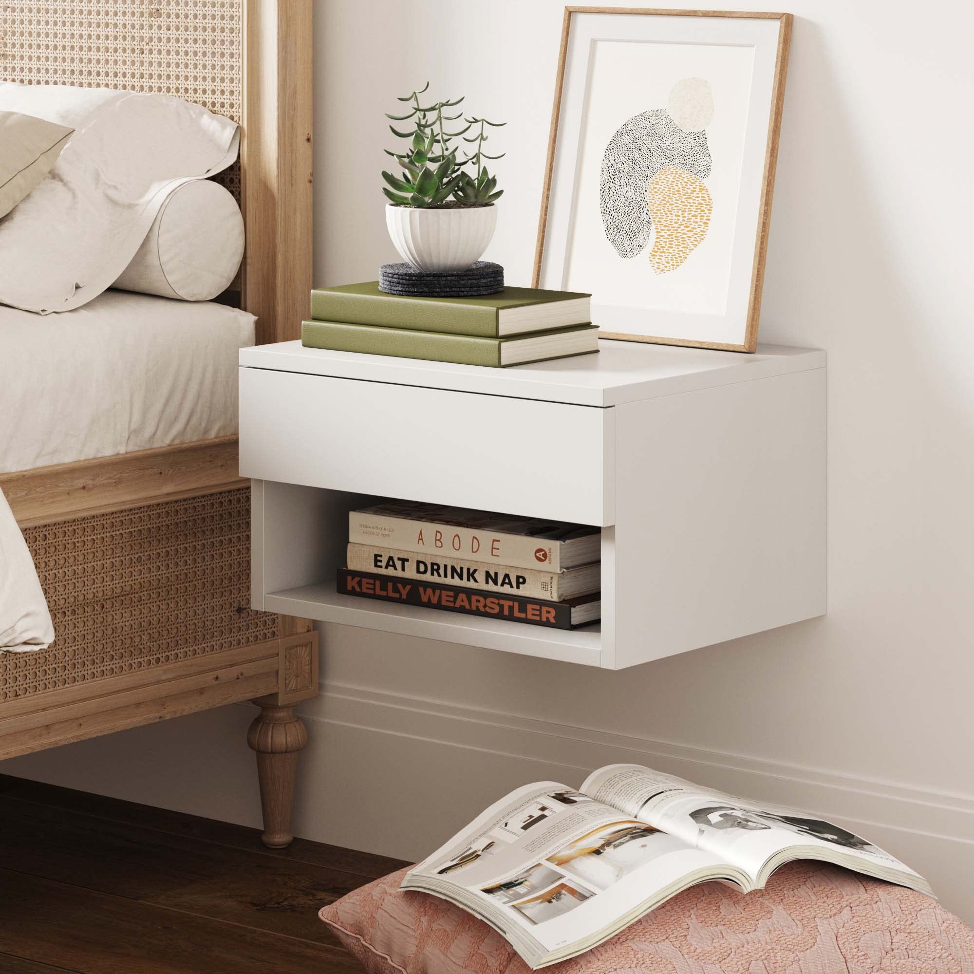 Nathan James Jackson Wall Mounted Floating Bedroom Nightstand with Storage Drawer and Modern Open Shelf Cubby, White