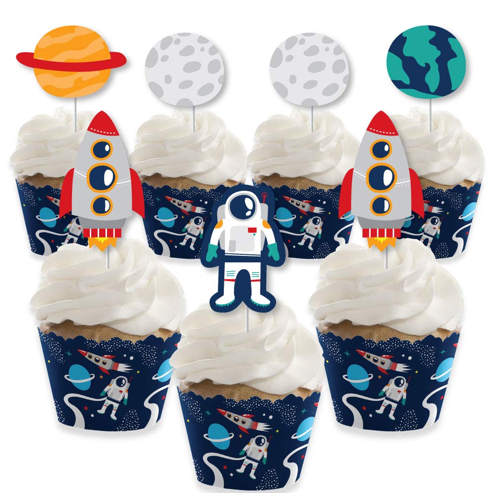 Big Dot of Happiness Blast Off to Outer Space - Cupcake Decoration - Rocket Ship Baby Shower or Birthday Party Cupcake Wrappers and Treat Picks Kit - Set of 24