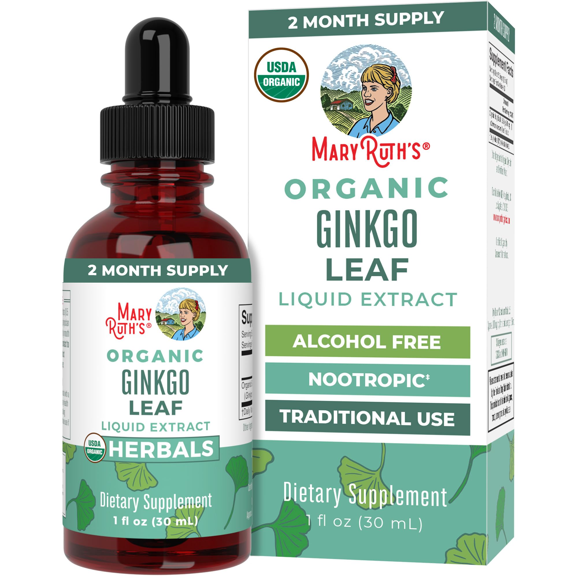 MaryRuth Organics Ginkgo Leaf Liquid Drops | Herbal Supplement | Nootropic | Circulatory System & Nervous System Health | USDA Organic | Non-GMO | Vegan | 60 Servings