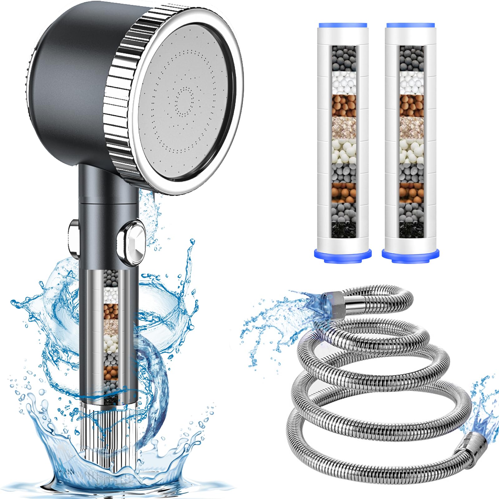 BoriYa Shower Head - Filter Shower Head and Hose 2m, High Pressure Shower Heads Water Saving, Massage Handheld Power Shower Head to Increase Pressure,Universal Ionic Filtered Showerhead for Hard Water