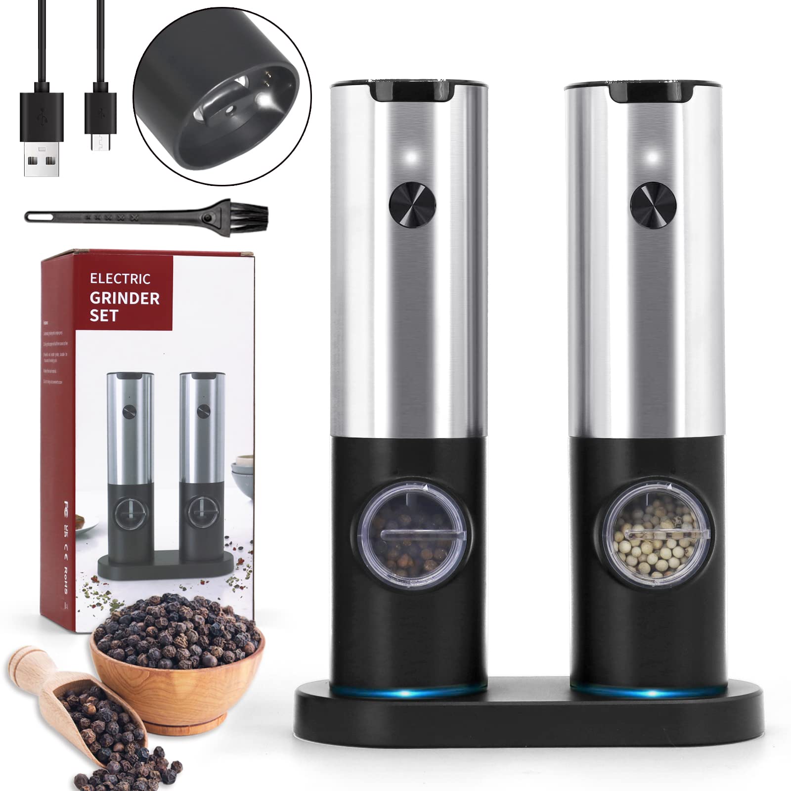 Rechargeable Electric Salt or Pepper Grinder Mill With USB type-C Charge Port and LED One Hand Automatic Electronic Spice Mill Shakers Operation Refillable With Adjustable Coarseness