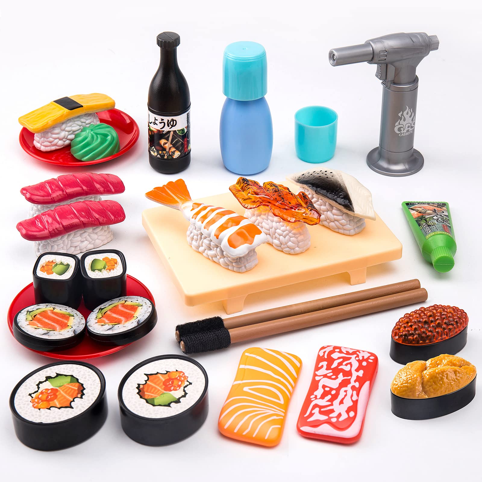 Sushi Slicing Play Food Set, 34Pcs, 3+ Ages LED Light with Color Changing Pretend Food Toys Accessories with Velcro for Kids, Play Kitchen for Toddlers, Learning Gift for Girls Boys