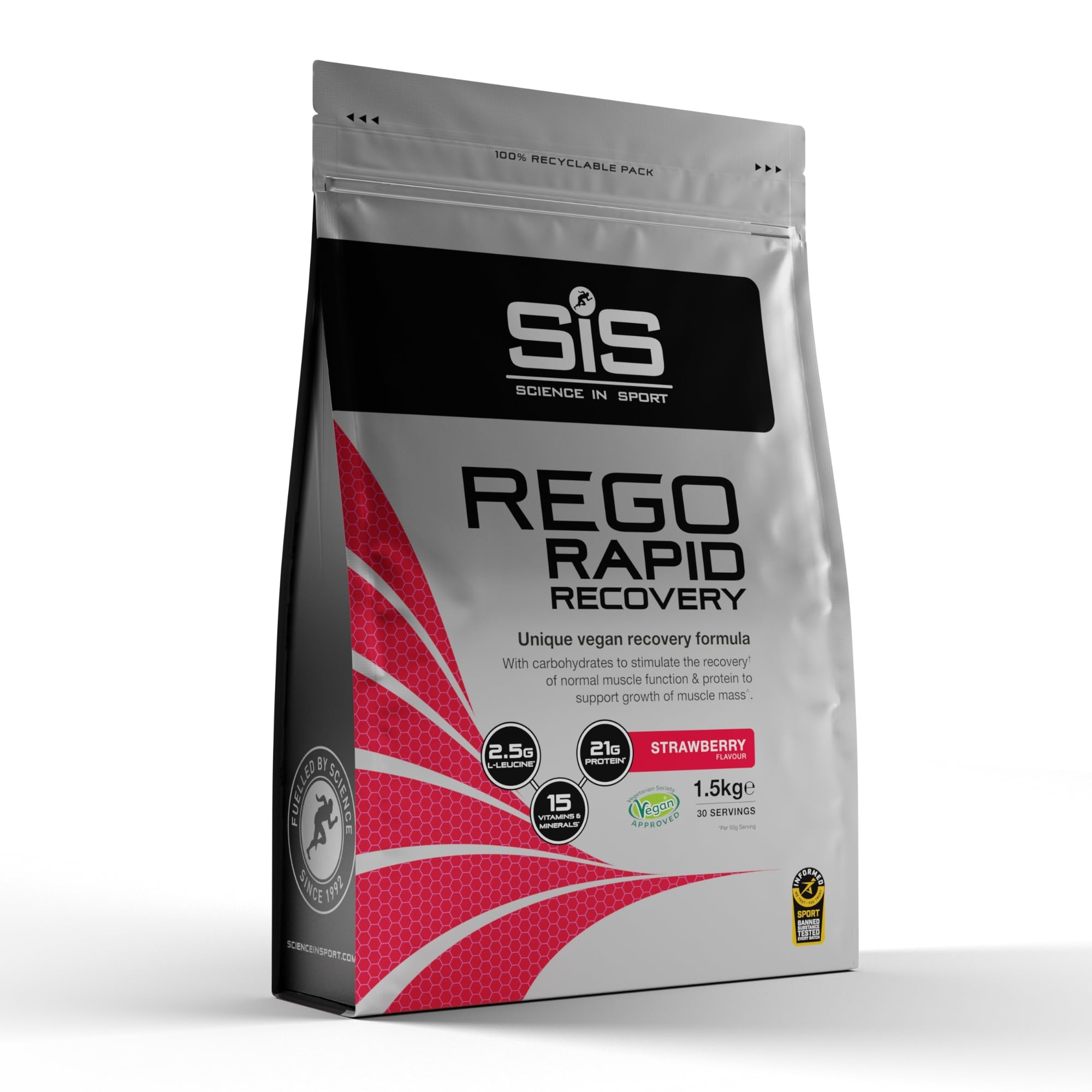 Science In Sport REGO Rapid Recovery Protein Powder | Vegan Protein Powder with Added L-Leucine, Vitamins and Minerals for Muscle Recovery | Strawberry, 30 Servings, 1.5kg