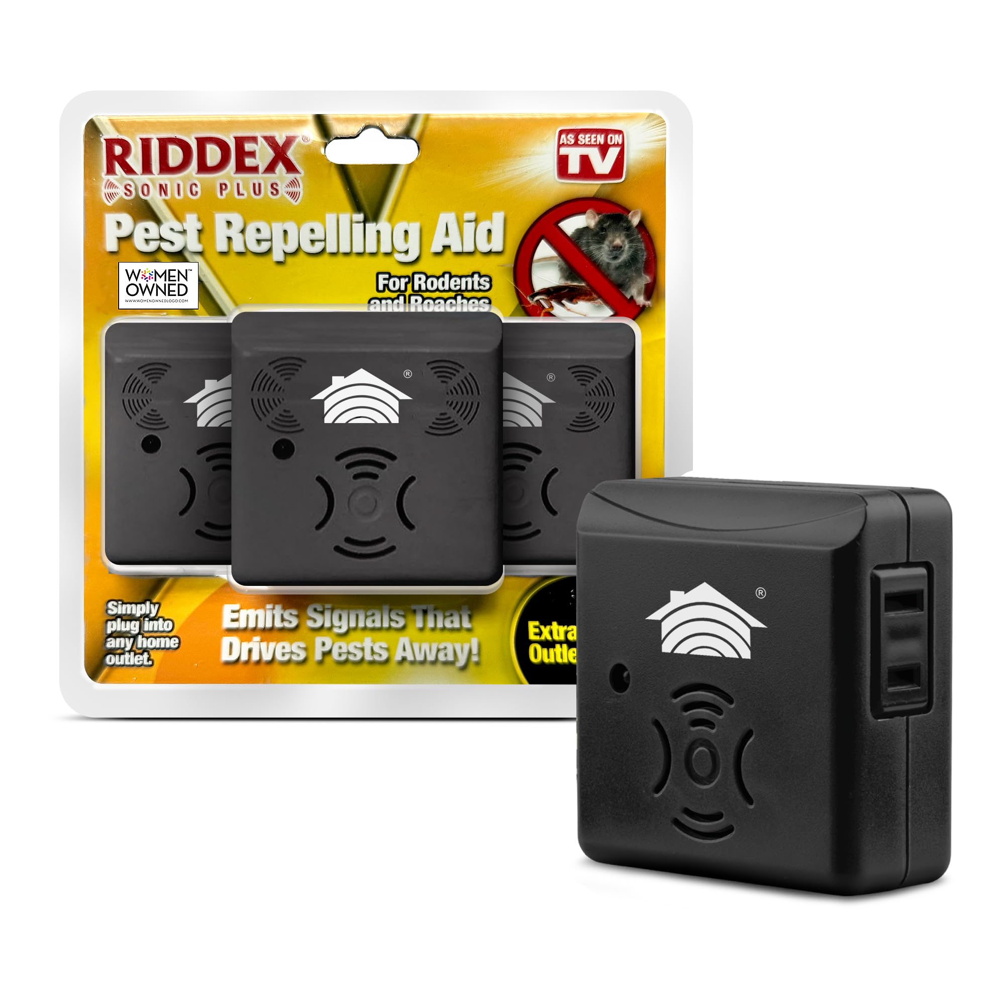 Riddex Sonic Plus Ultrasonic Pest Repeller, Plugs in with extra Outlets Indoor Use - Insect Repellent - Bug Repellents for Home Defense - Protect Against Rodents & Insects, Chemical Free(3 Pack Black)