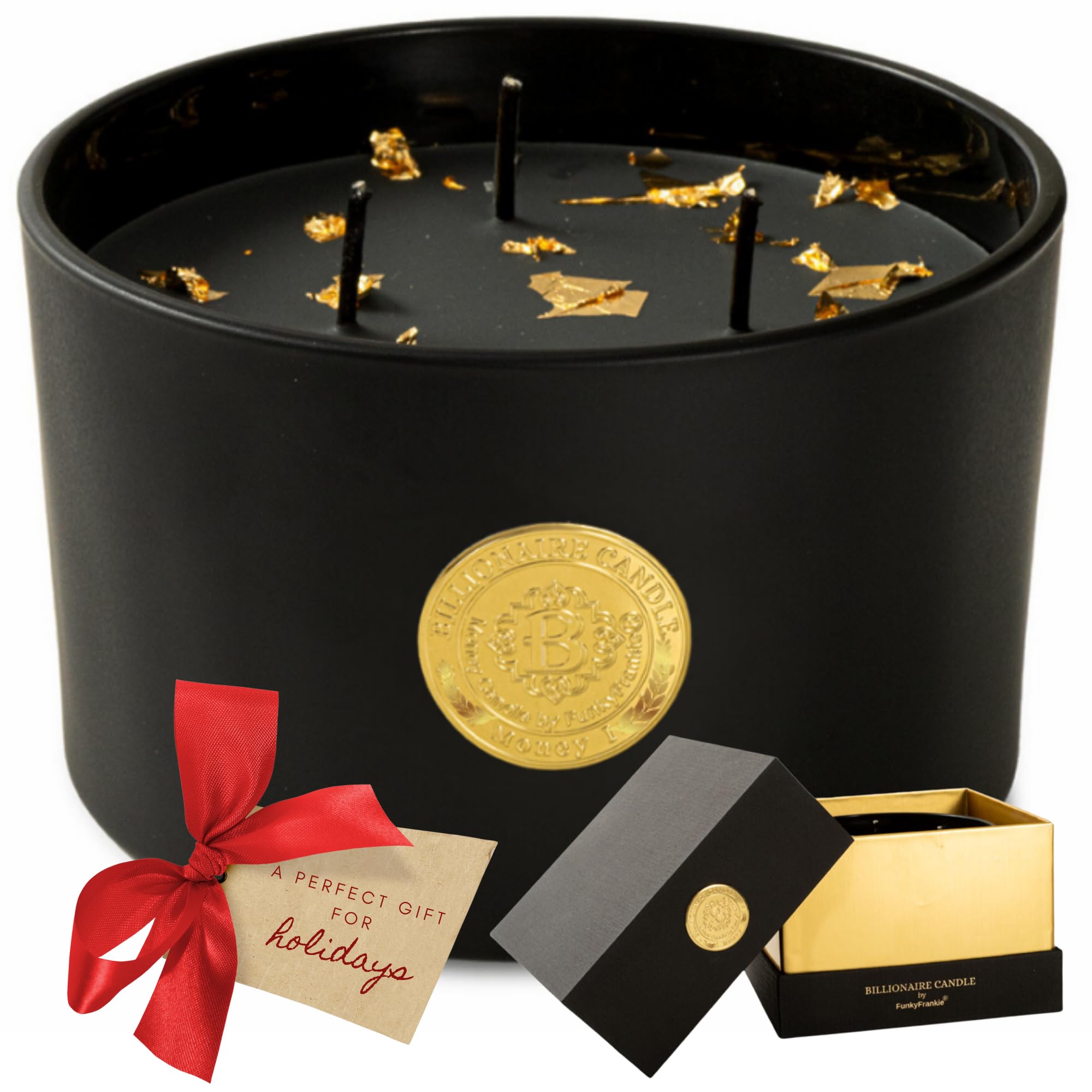 FunkyFrankieLuxury Billionaire Money Attracting Candle | 19oz Giant Candle with 24K Gold on Top | Black Prosperity Candles for Men with 3 Wicks | Christmas Gift for Men Women