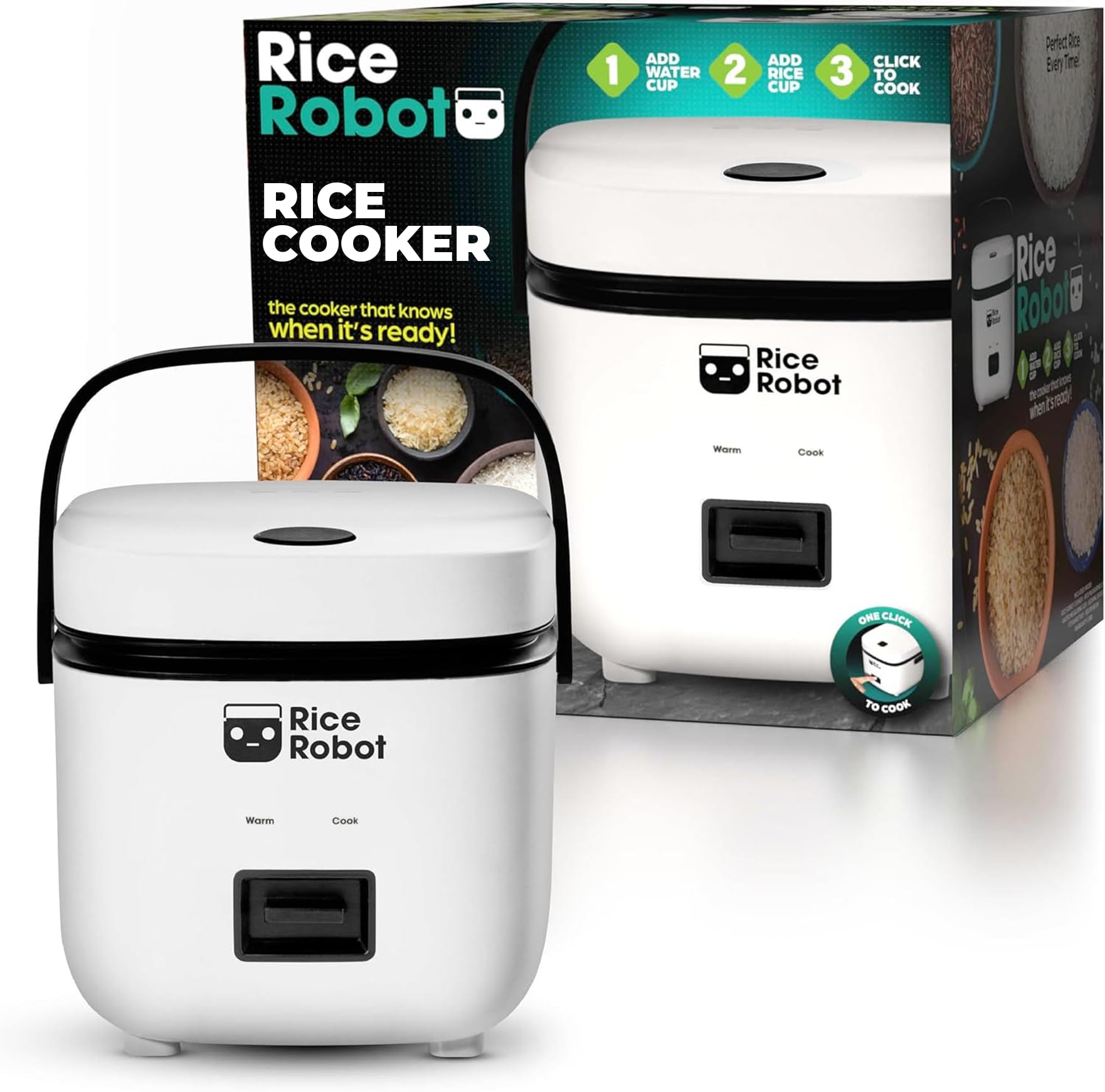 Rice Robot Personal Rice Cooker, PFAS-free, Nonstick. 1 Quart Capacity, with Stainless Steel Steamer Tray, Measuring Cups, Recipe Book with 60 Recipes, and Serving Spoon, As Seen On TV