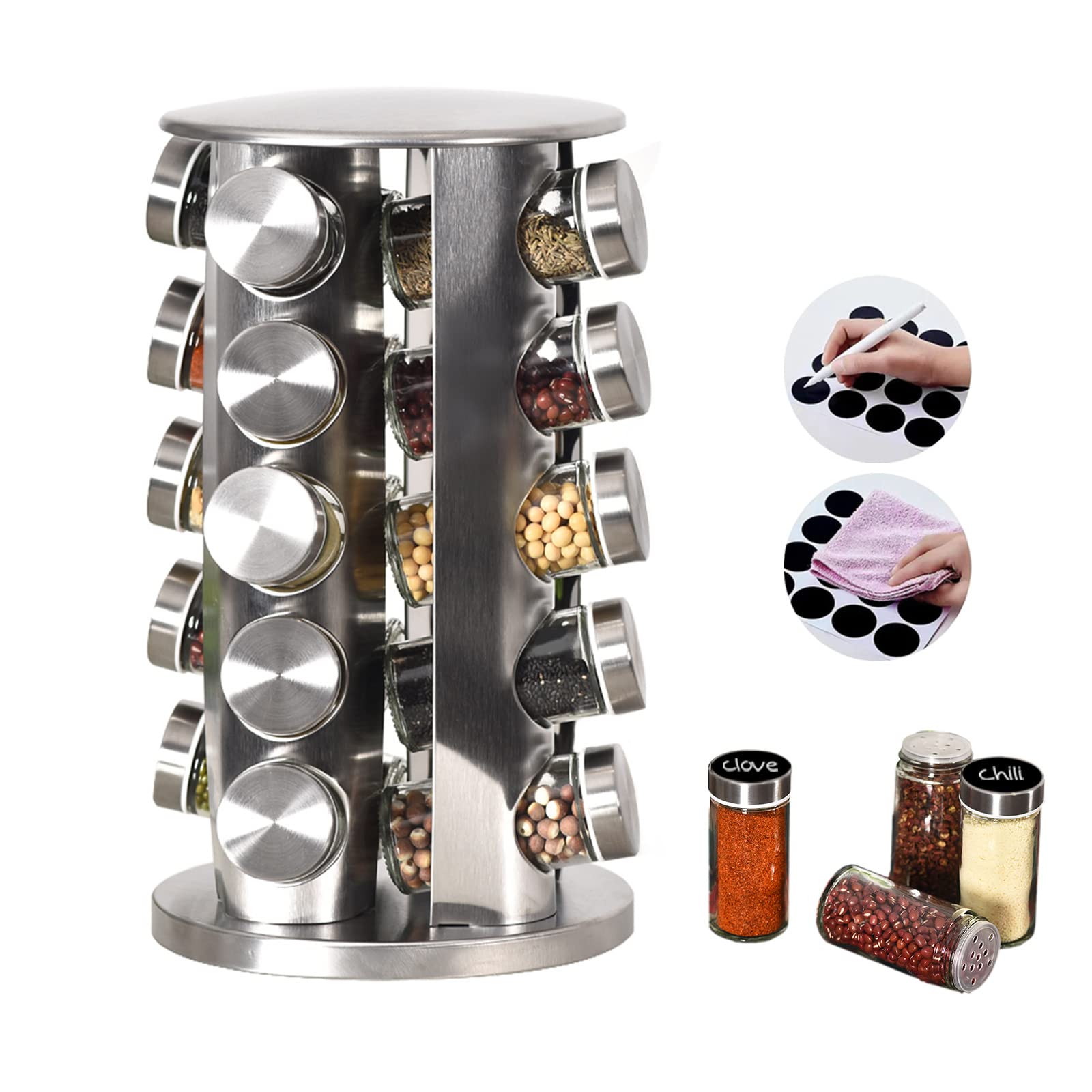 EBIZ&TECH20-Jar Stainless Steel Rotating Spice Rack with Non-Slip Base - Kitchen Countertop Organizer for Easy Access and Storage of Spice (Sliver)