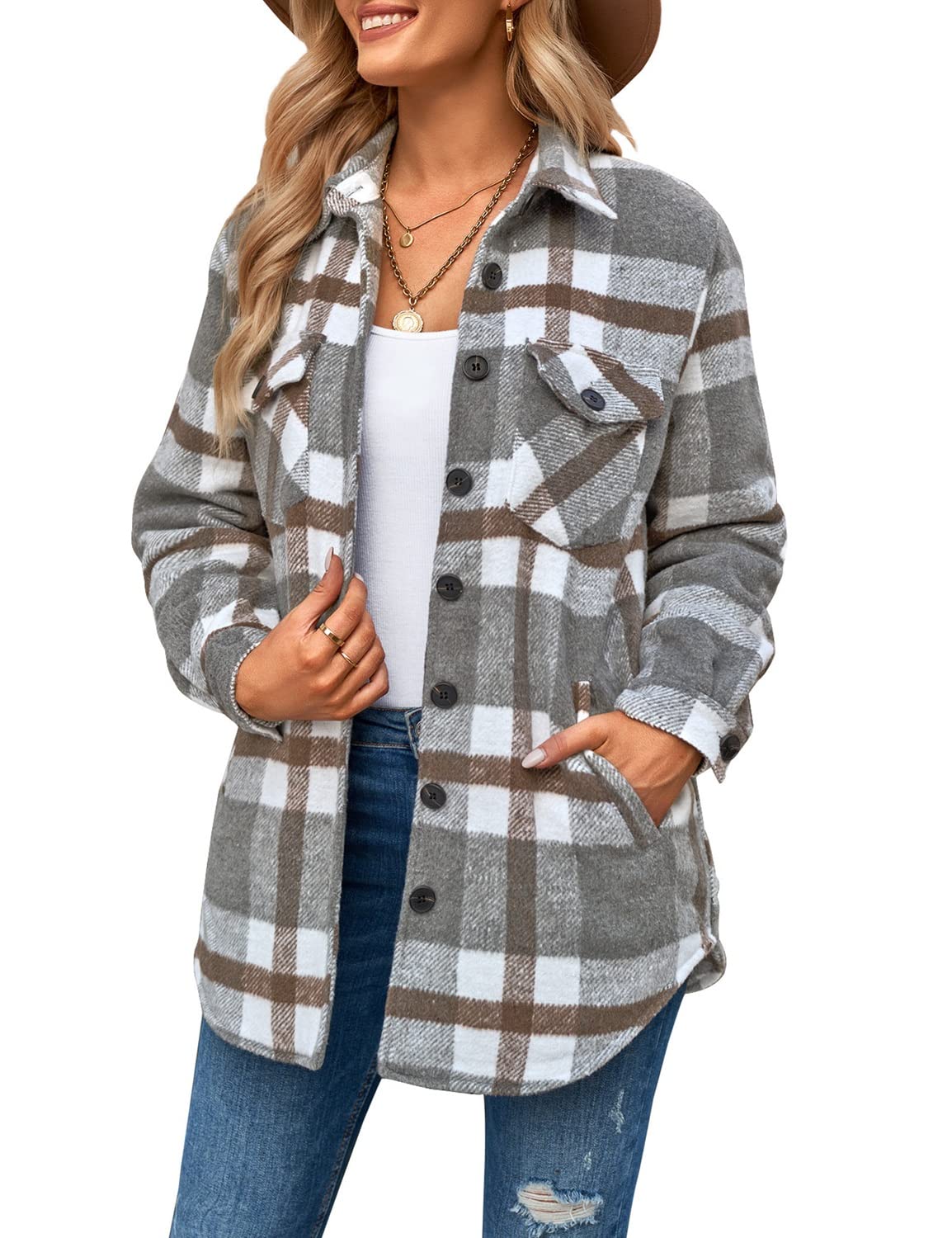 Plaid Jackets for Women Flannel Quilted Shacket Coats Oversized Button Down Shirts Jacket