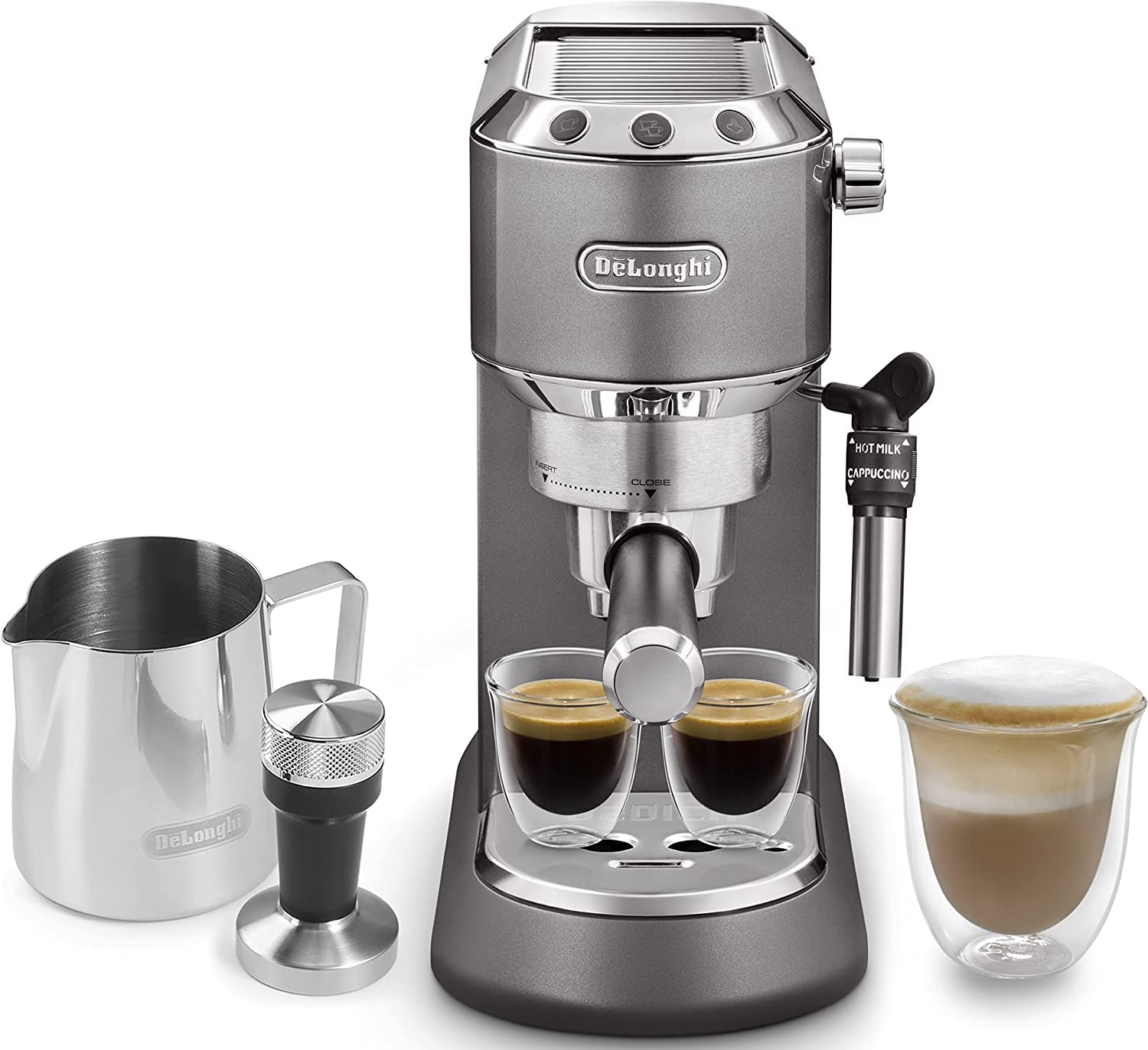 De'LonghiDEDICA METALLICS Coffee Machine Barista Pump Manual Espresso Maker with Milk Frother and Kit (Frothing Jug + Tamper) for Americano, Cappuccino, Latte, Macchiato EC785.GY Grey