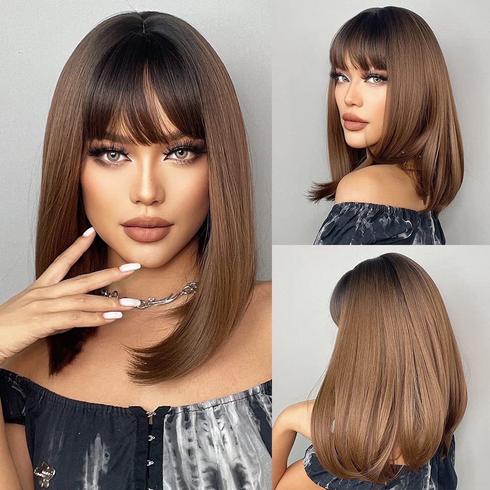 EMMOR Brown Bob Wigs for Women Shoulder Length Synthetic Wig with Fringe Bangs High Heat Resistant Wig