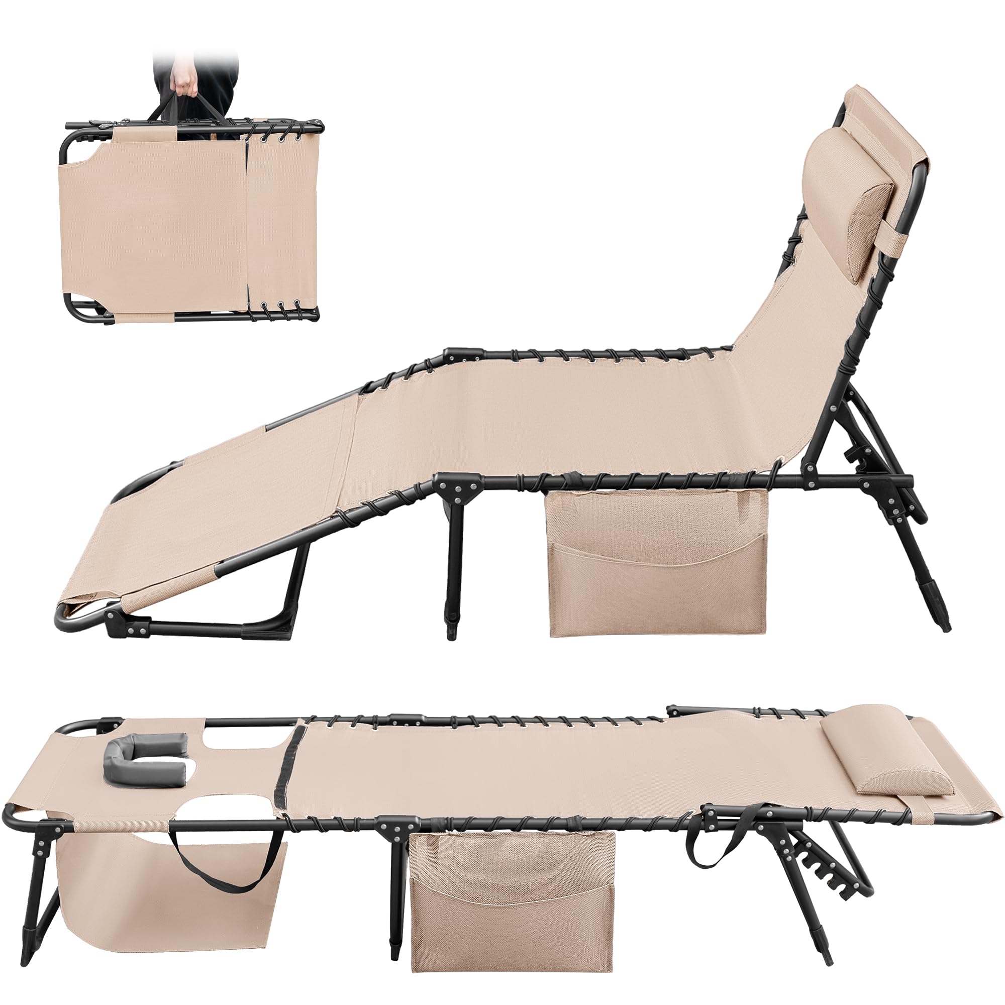 Greesum Chaise Lounge Folding Tanning Chair with 5 Position Adjustable Back, Detachable Pillow & Pocket for Outside Pool, Beach, Sunbathing, Beige w/Face Hole