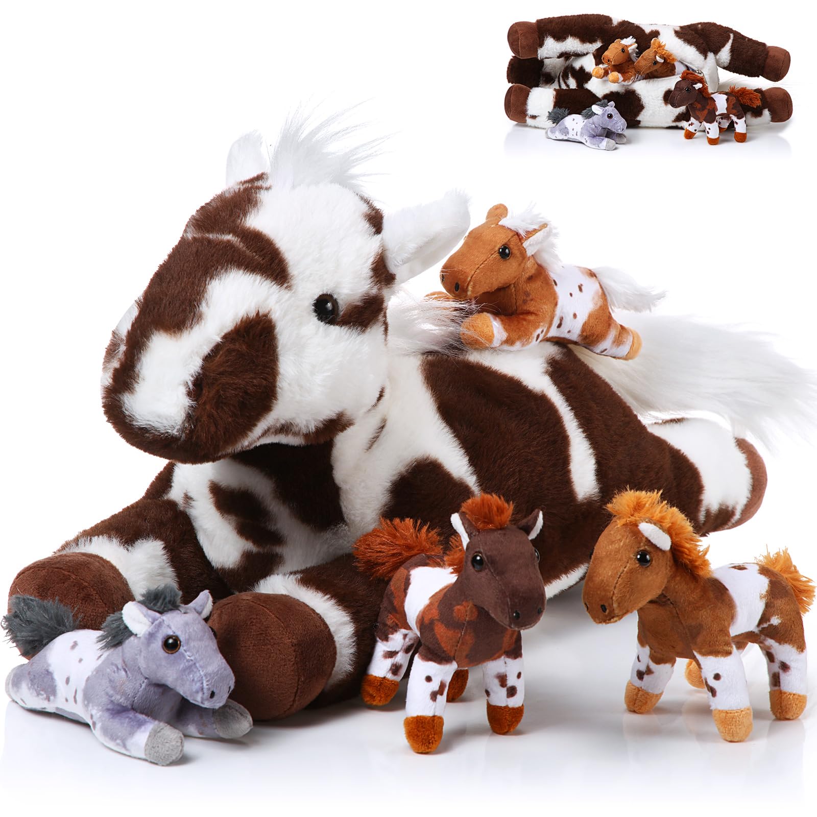 Lenwen 5 Pcs Adorable Horse Plush Set Large Mommy Horse Stuffed Animal with 4 Cute Plush Babies in Her Belly Soft Nurturing Horse Plushie for Toddlers Boy Girl Birthday Gift Party Favors (Lively)