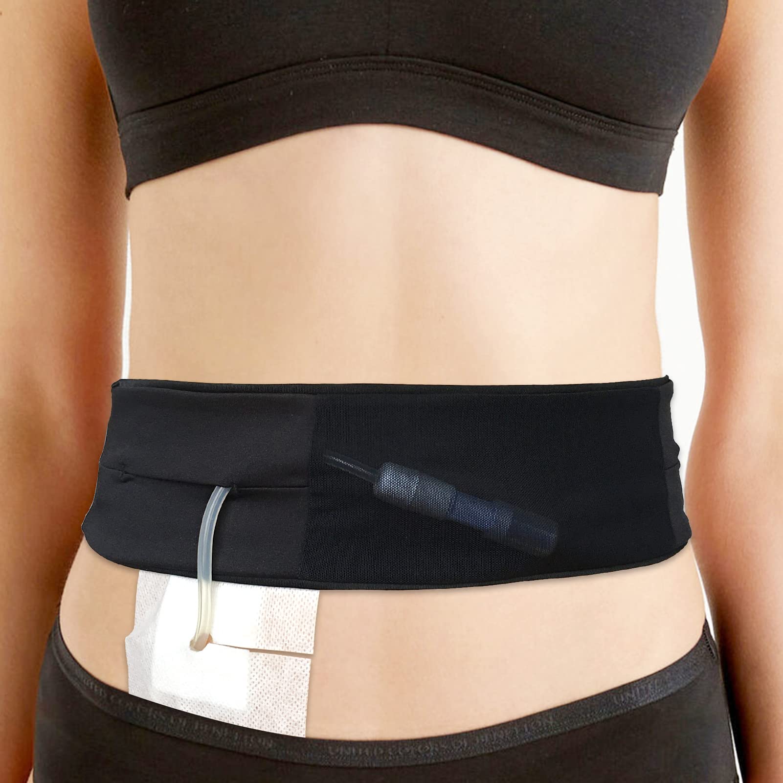 Breathable PD Belt Peritoneal Dialysis Catheter Holder with Slit Mesh Pouch Abdominal Soft Waist Band Protector for Secure G J Feeding Tube Transfer Set Accessories Men Women Black