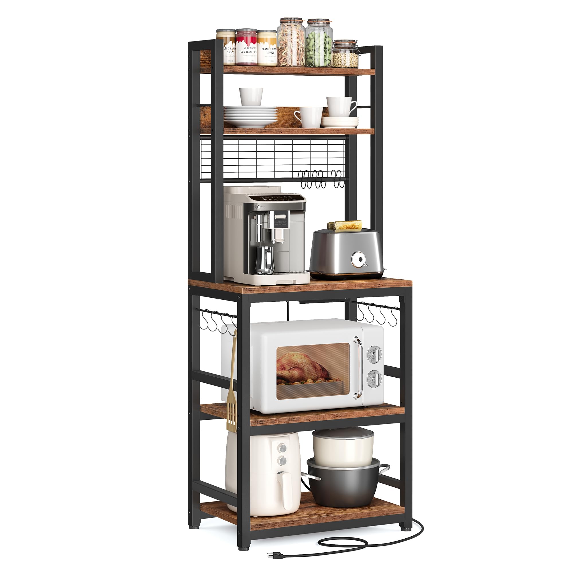 VASAGLE Hutch Bakers Rack with Power Outlet, 14 Hooks Microwave Stand, Adjustable Coffee Bar with Metal Wire Panel, Kitchen Storage Shelf, 15.7 x 23.6 x 66.9 Inches, Rustic Brown and Black UKKS037B01