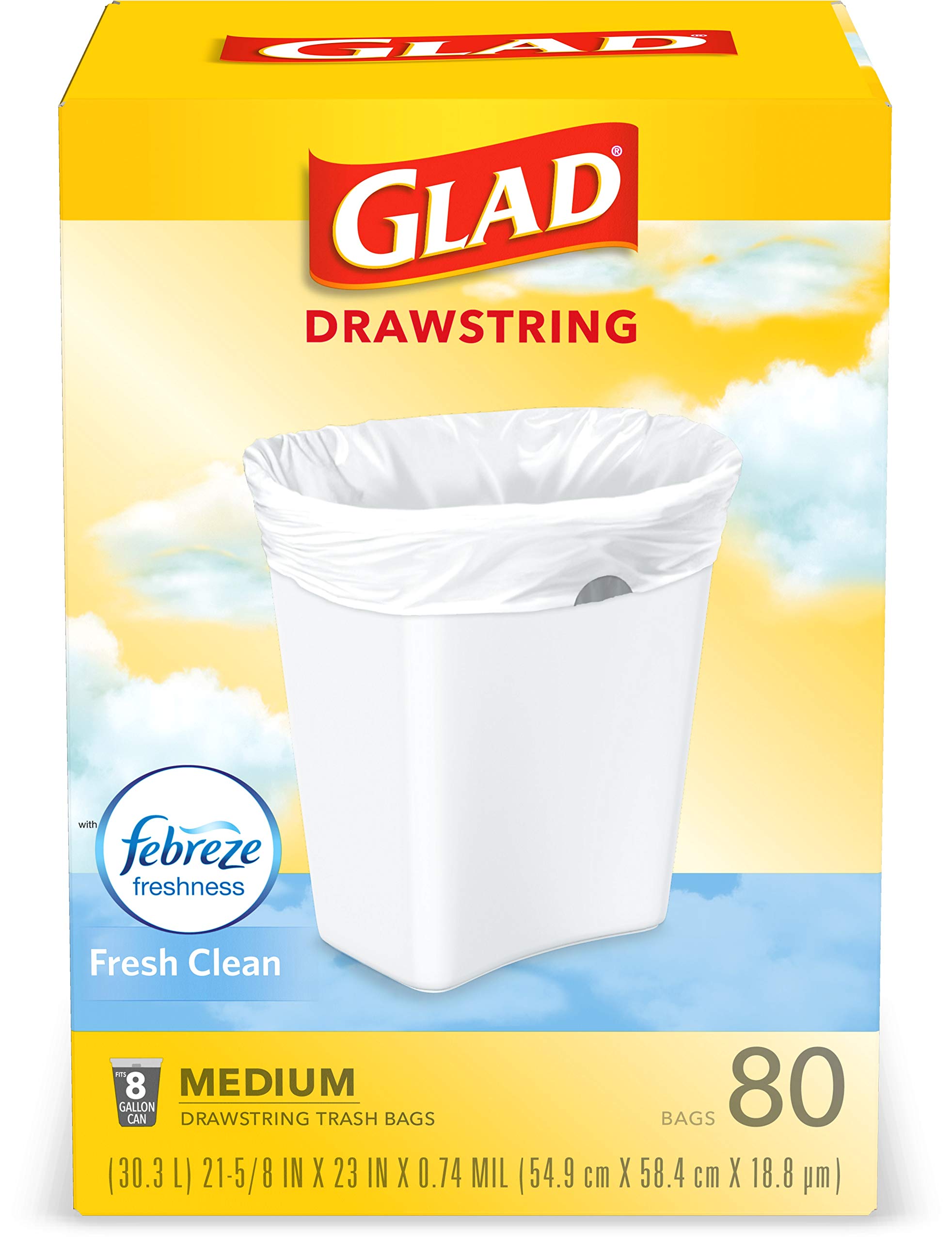 Glad Medium Kitchen Drawstring Trash Bags 8 Gallon White Trash Bag, Fresh Clean Scent, 80 Count