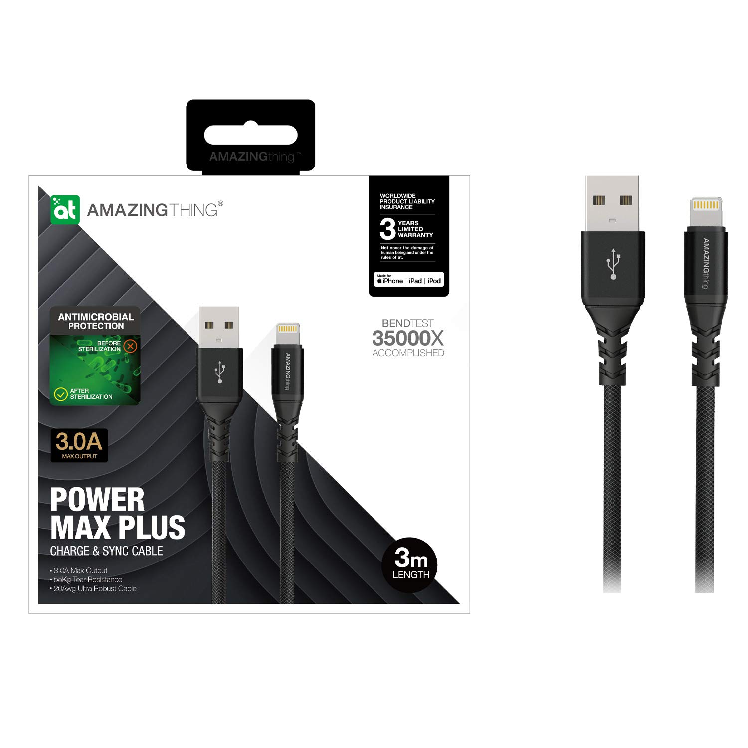 Amazing Thing Powermax PLUS Lightning Cable USB Connector Charger 3M MFI Certified Fast Charge And Sync - Black