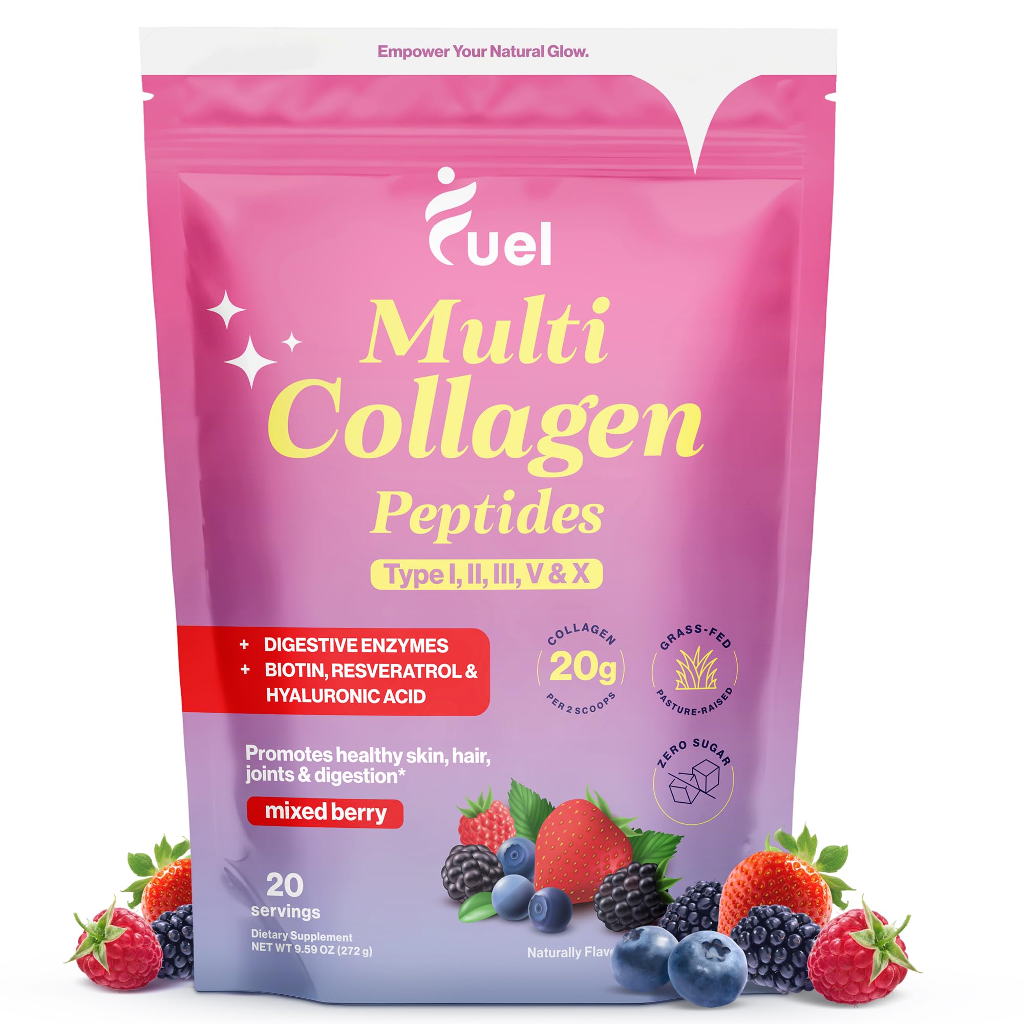 Fuel Multi Collagen Protein - Multi Collagen Peptides Powder for Women with Hyaluronic Acid & Biotin, Collagen Packets Promote Skin, Hair & Nail Health, Hydrolyzed Collagen Peptides Powder,Mixed Berry