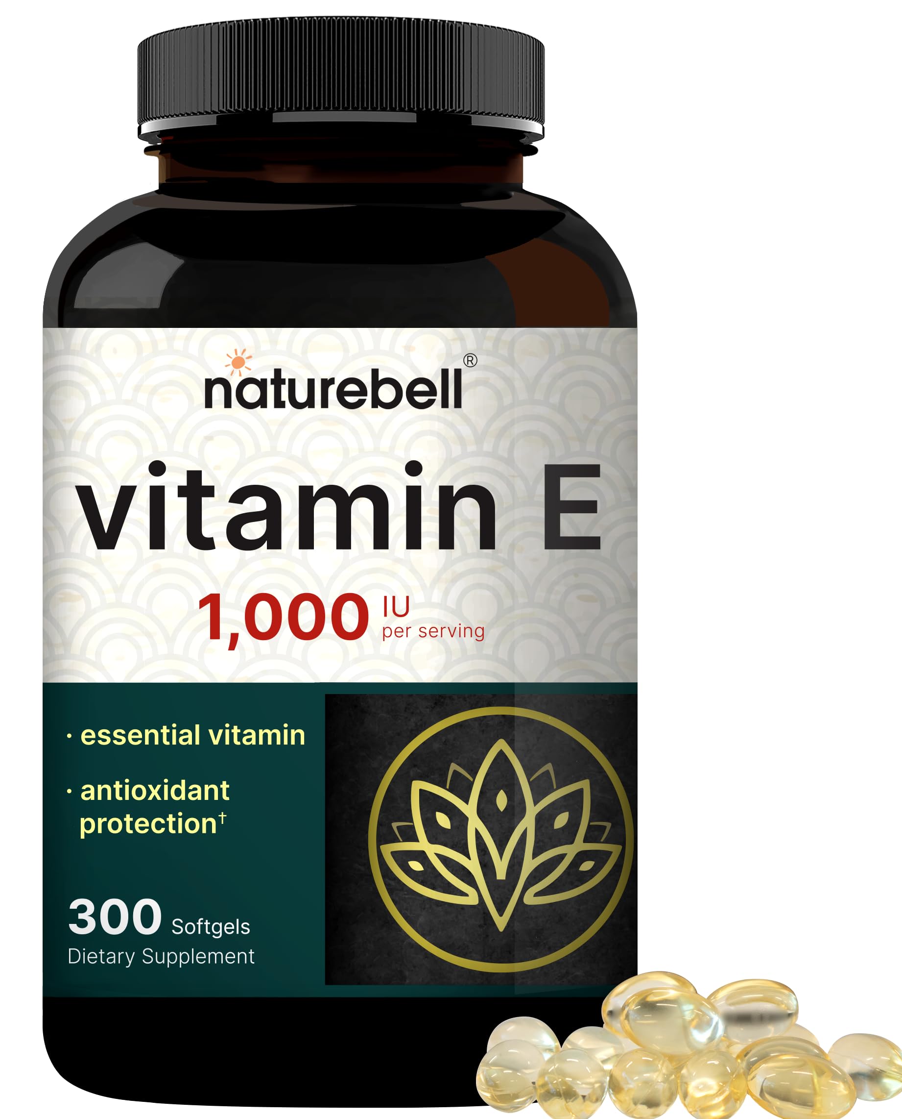 NatureBell Vitamin E Oil Softgels, 1,000 IU Per Serving, 300 Pills | Essential Antioxidant Supplements, Easily Absorbed Form – Supports Skin, Heart, & Immune Health – Non-GMO