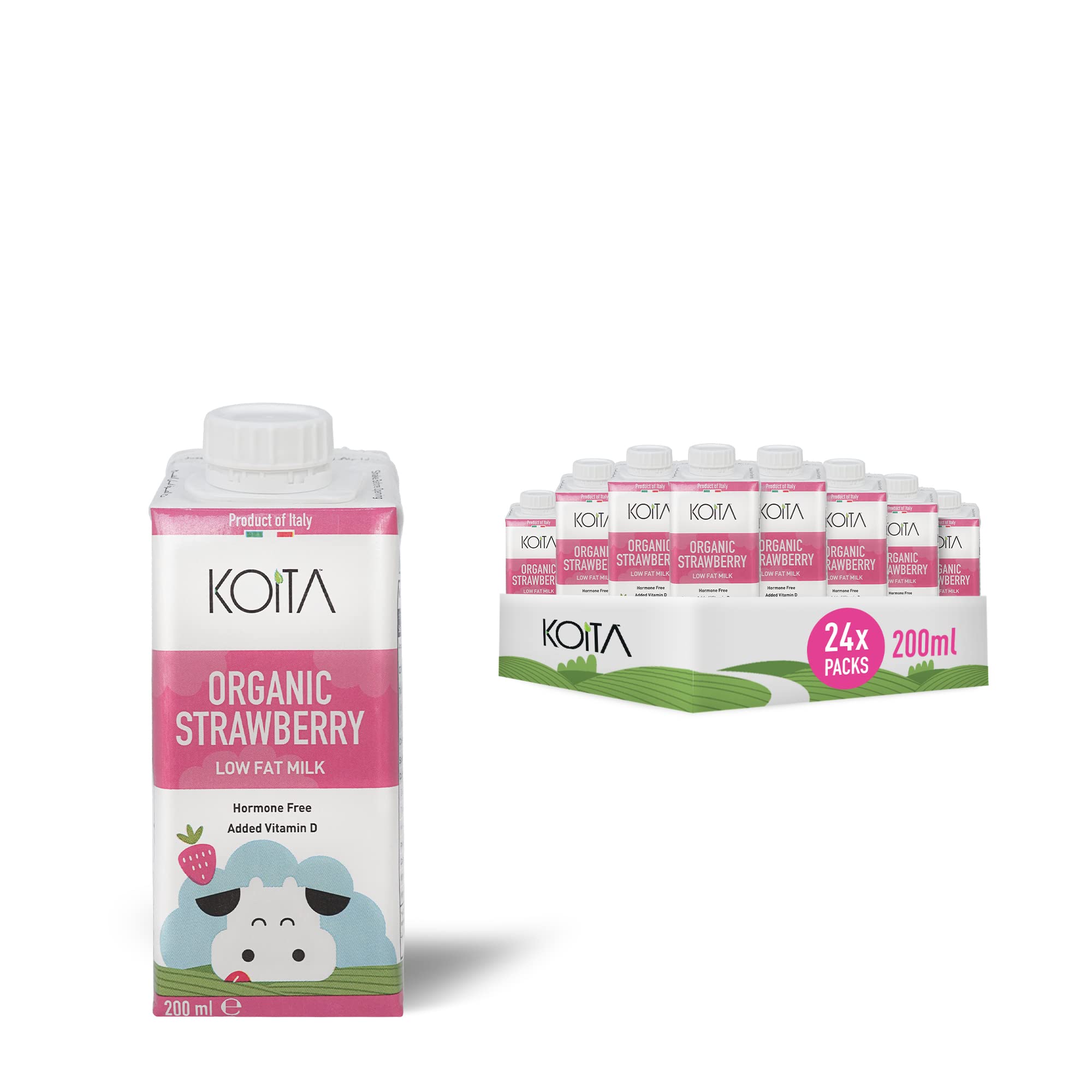 Koita Organic Strawberry Milk (200ml, 24-Pack) - Premium Italian Milk Enriched With Vitamins A & D3, EU Certified Organic, No artificial coloring