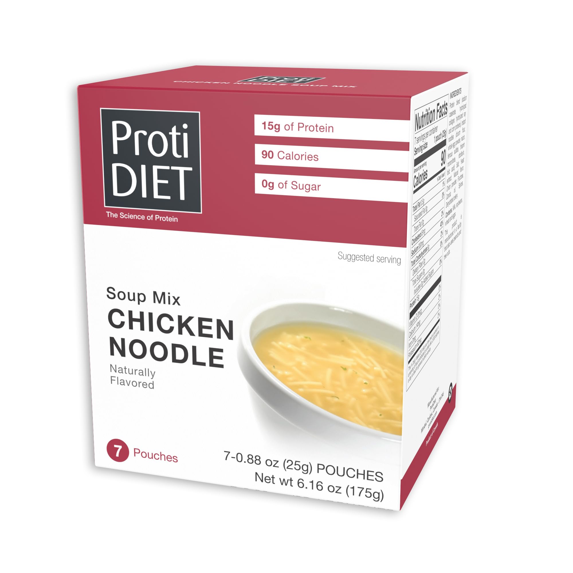 ProtiDIETChicken Noodle Soup (7 Pouches), High Protein, Delicious Chicken Noodle Soup Mix, No Sugar Meal Replacement, No Trans Fat, 15G Protein, 90 Calories 6.2 oz