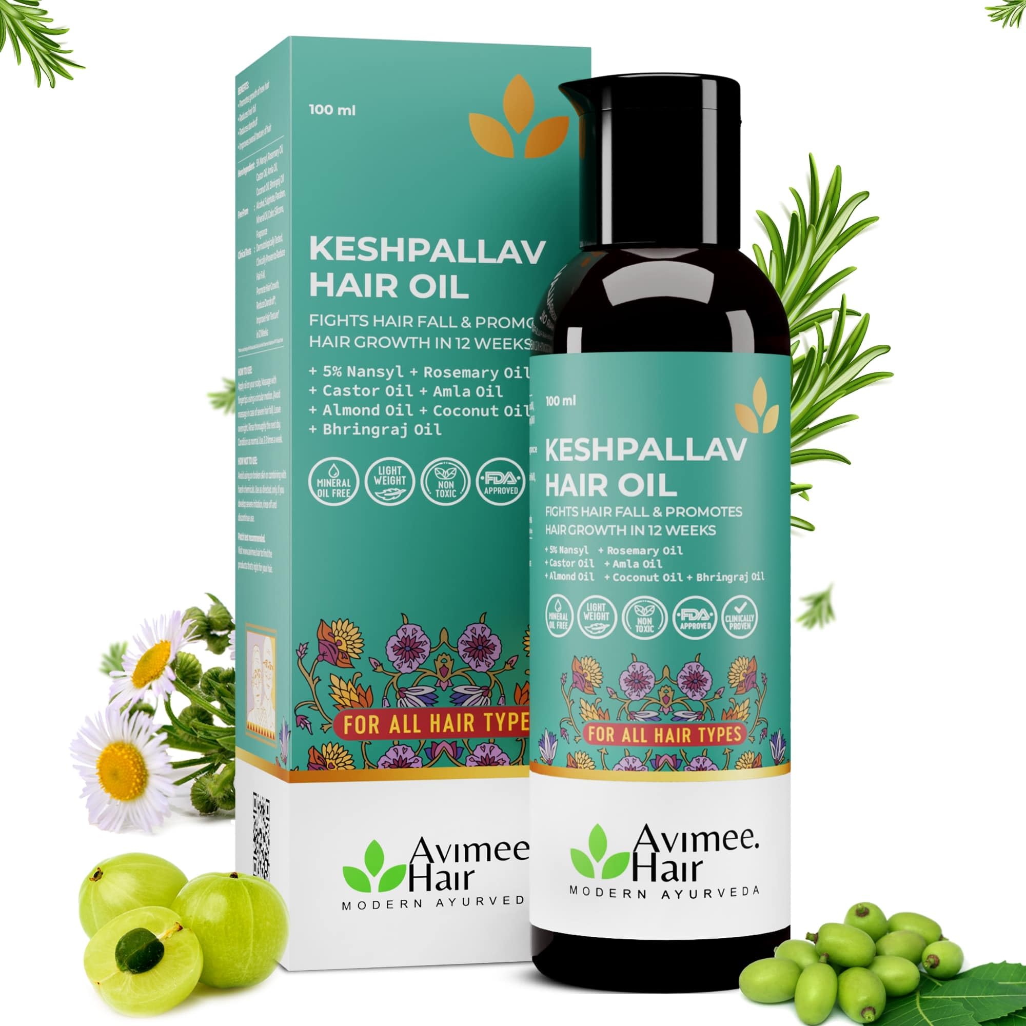 AVIMEE HERBAL Keshpallav Hair Oil, Herbal Hair Growth Oil, Reduces Premature Graying, Baldness, Dandruff, No Parabens, Sulfates, Mineral Oil, 150 Herbs, 50 Cold-Pressed & Essential Oils (100 Ml)