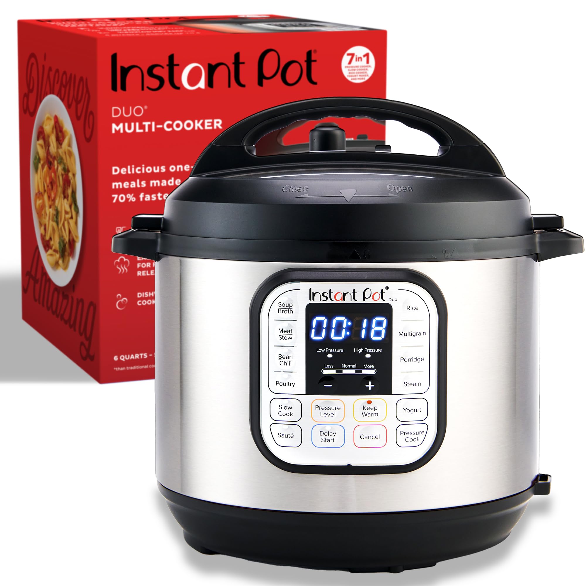 InstantPot Duo 7-in-1 Electric Pressure Cooker, Slow Cooker, Rice Cooker, Steamer, Sauté, Yogurt Maker, Warmer & Sterilizer, Includes App With Over 800 Recipes, Stainless Steel, 6 Quart