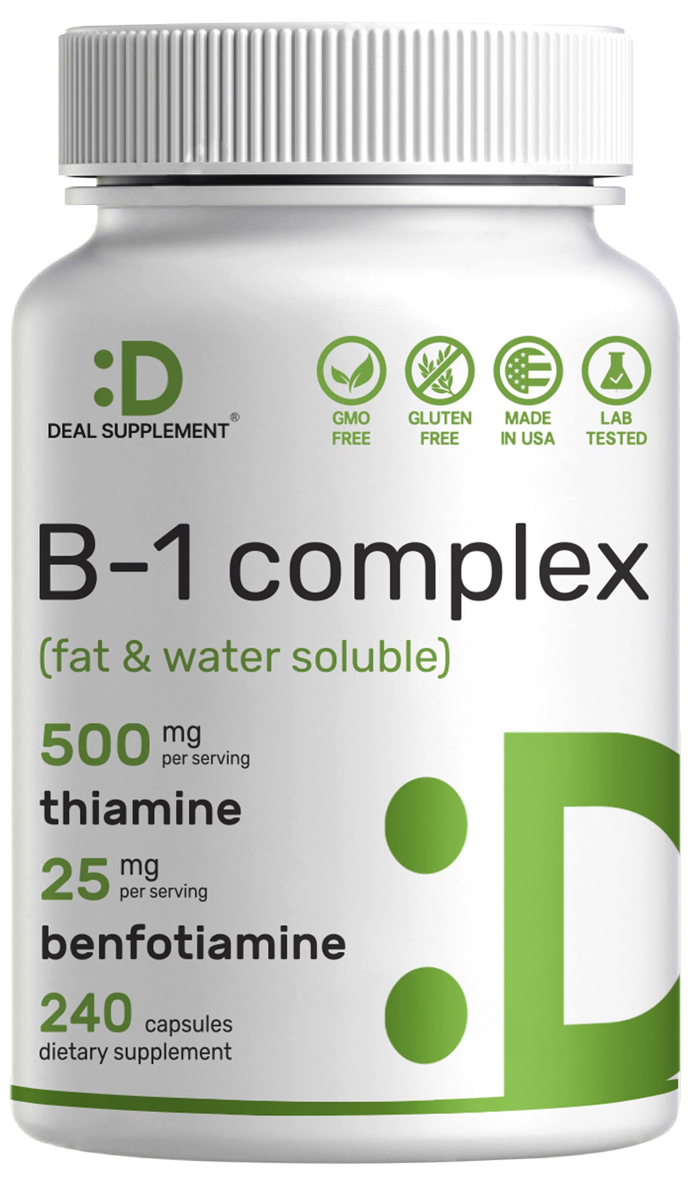 Deal Supplement Vitamin B1 500mg with Benfotiamine, 240 Capsules – 2 in 1 Enhanced Formula – Fat & Water Soluble Thiamine B1 Supplement – Third Party Tested, Non-GMO, No Gluten