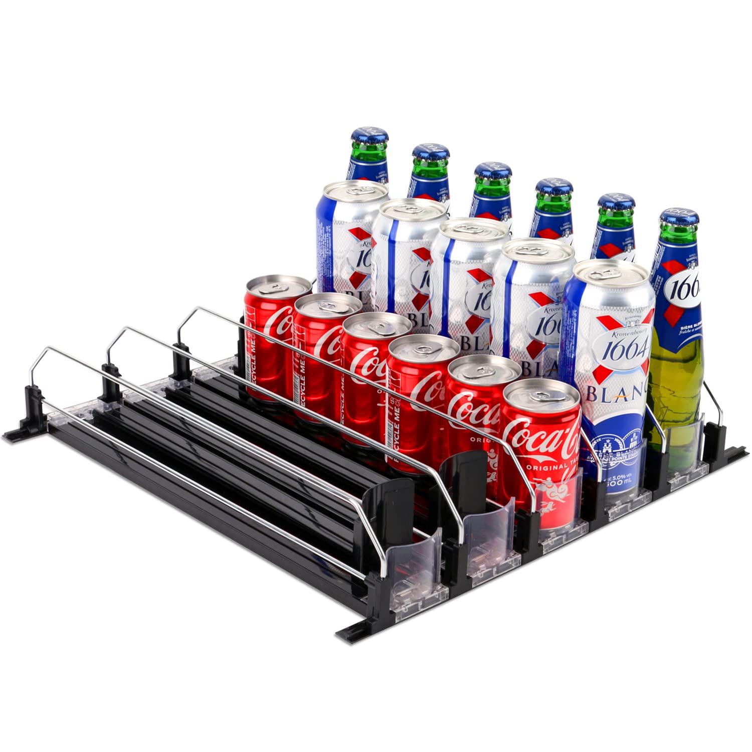 Drink Dispenser for Fridge, Soda Can Organizer for Refrigerator, Adjustable Width Beverage Self-Pushing Glide Rack, Up to 30 Cans Storage for Fridge Pantry (Black, 16.4 Inch, 5 Rows)