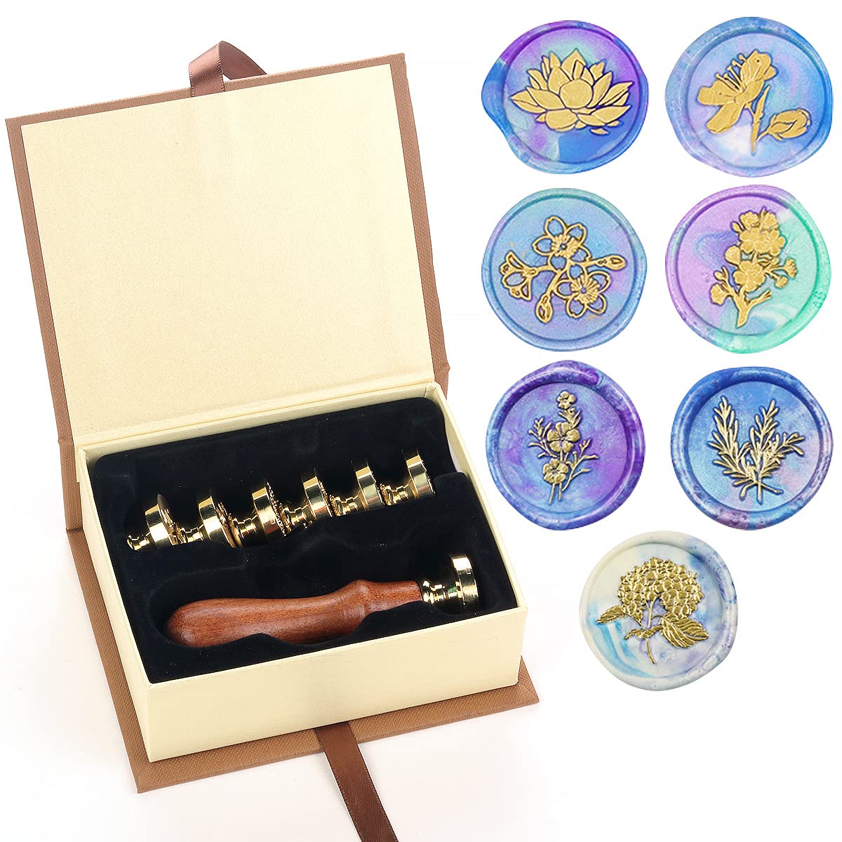 Flower Wax Seal Stamp Set, HOSAIL 7 Pieces Rosemary Cherry Blossoms Lotus Hydrangea Wax Sealing Stamp Kit with Brass Head + Wooden Handle, Vintage Wax Seal Stamp Set, Great for Christmas Day