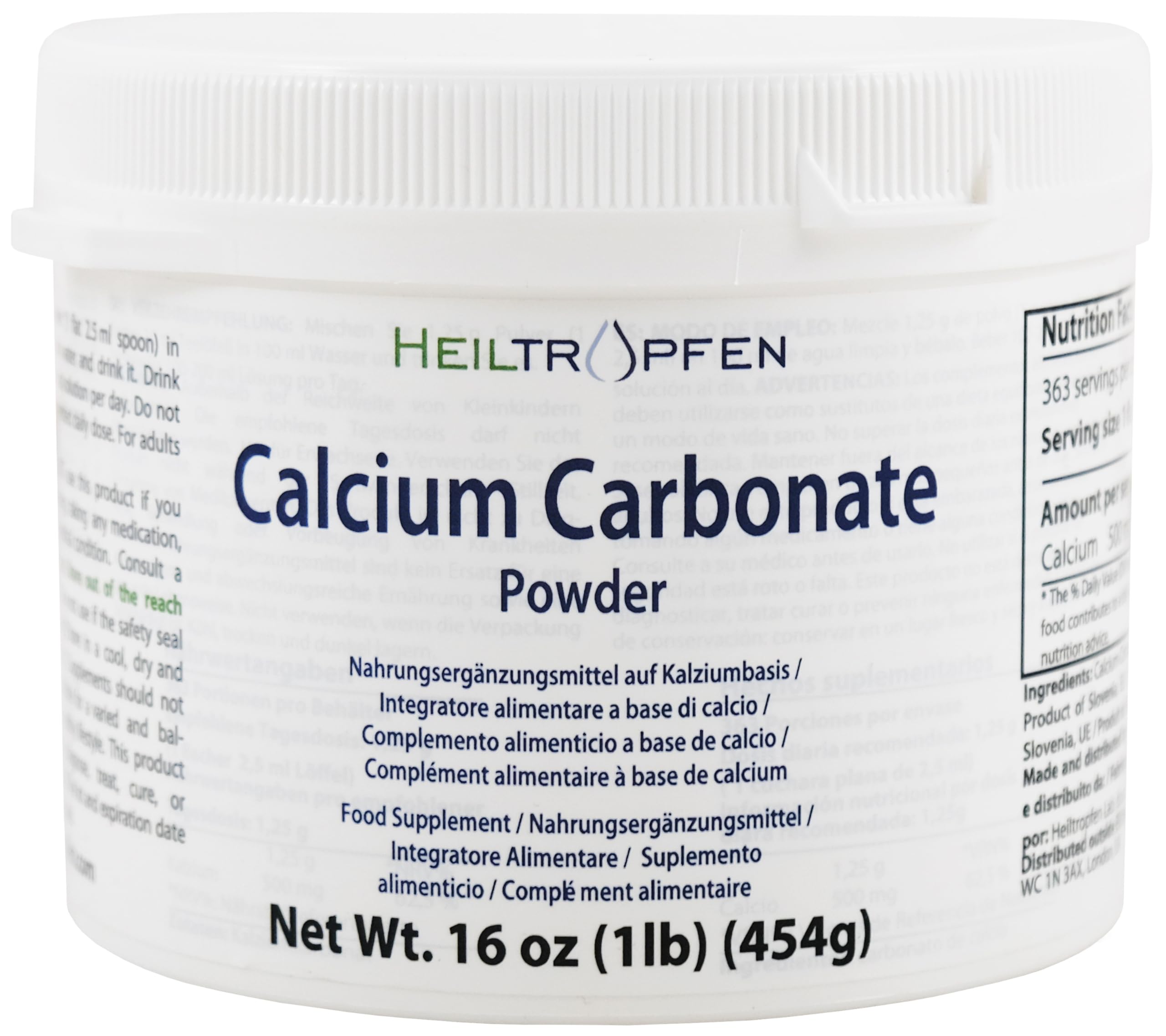 Calcium Carbonate Powder | 1 Pound - 454 g | Food Supplement | Highest Purity Limestone | Heiltropfen®