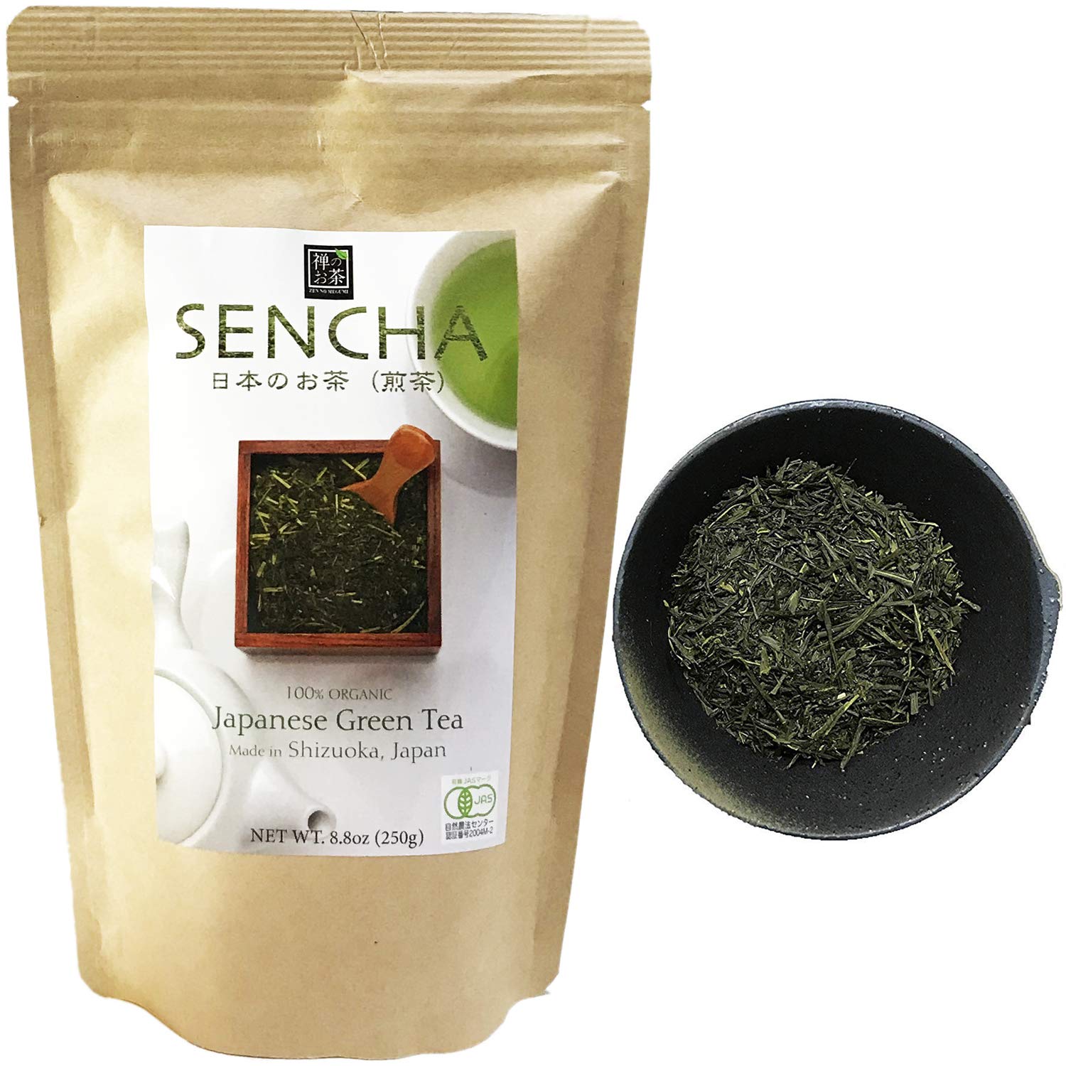 Zen no Megumi Sencha tea Standard - Japanese loose leaf Organic Green tea Made in Shizuoka Japan (Sencha tea Standard 8.8oz 250g)