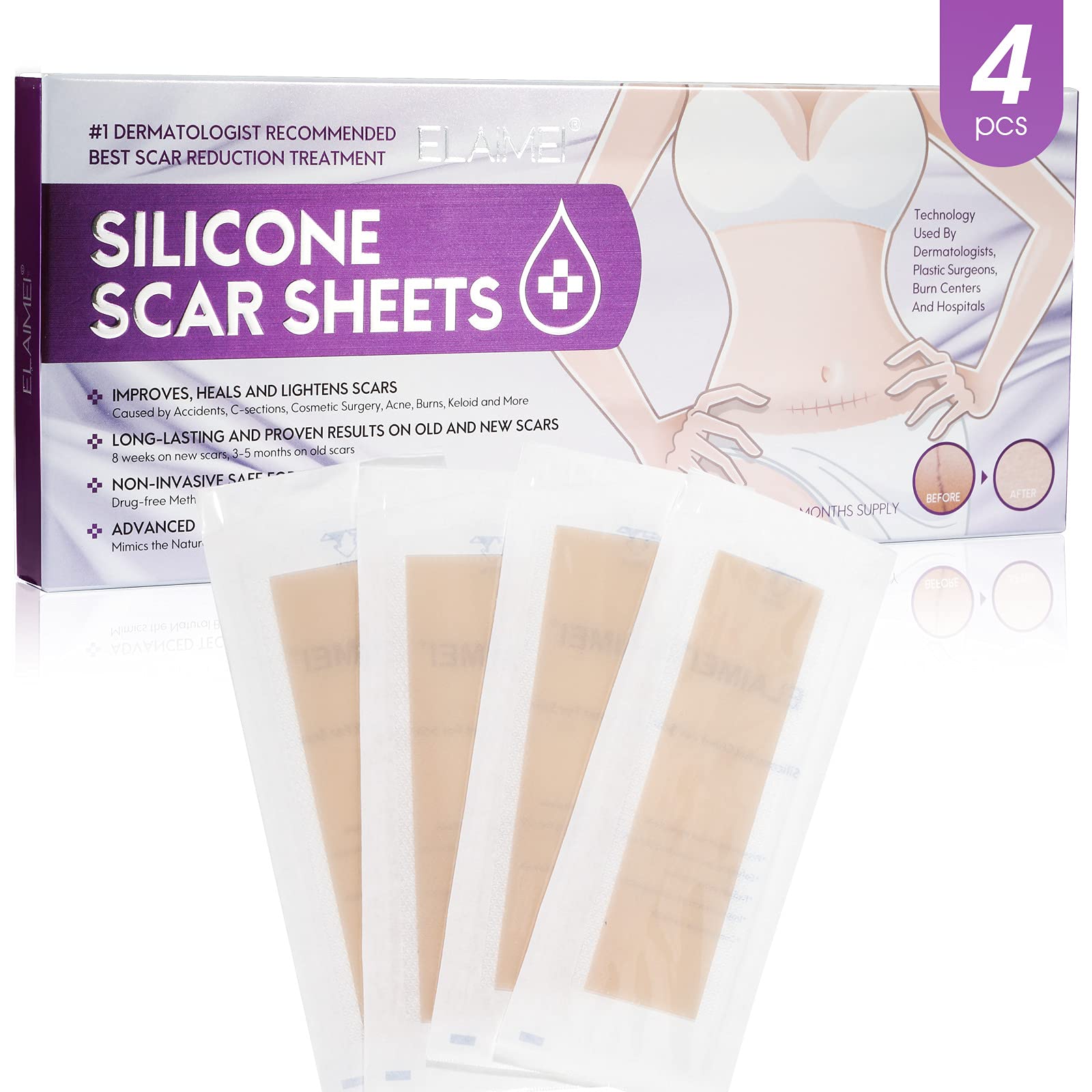 HANNEA® 4PCS Silicone Scar Sheets, Silicone Gel Sheets for Scars, Self Adhesive, Thin, Breathable Silicone Scar Tape for Stretch Marks, Hypertrophic & Keloid Scar Removal Supplies, 15 * 4cm