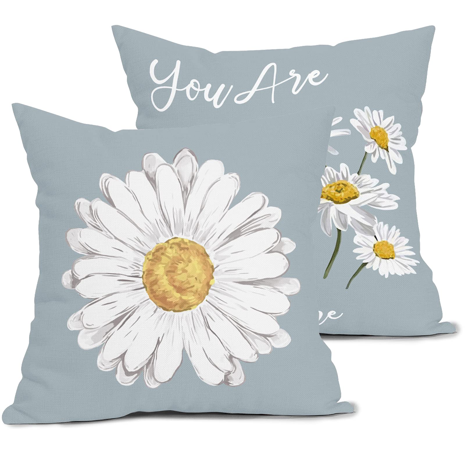 Sweetshow Daisy Pillow Covers 18x18 Inch Set of 2 Farmhouse Summer Spring Daisy Bloom Pillows Floral Blue Decorative Throw Pillow Covers Soft Cotton Cushion Cover for Home Sofa Couch Bedroom