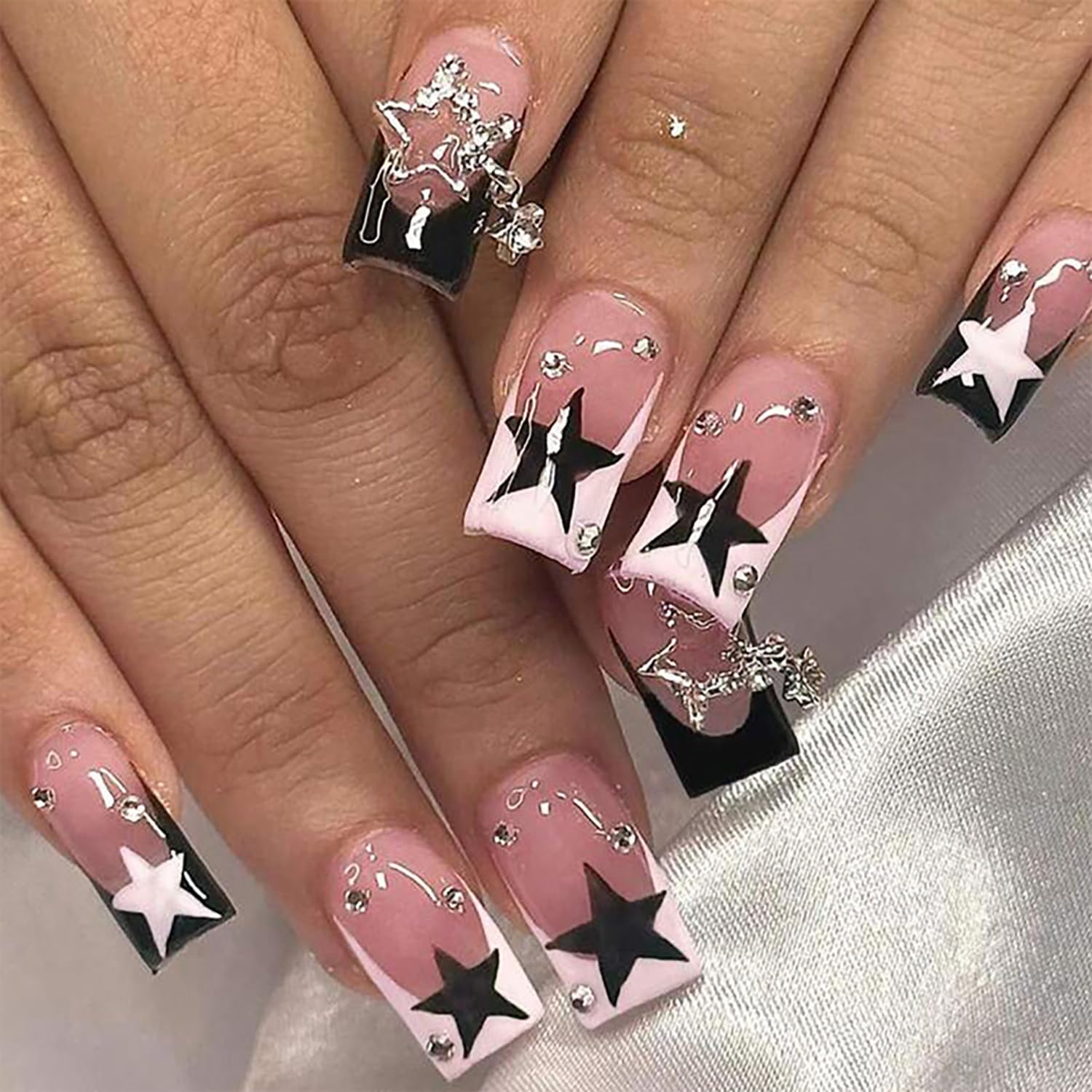 24 Pcs Star Nails Medium Press on Nails Coffin RIICFDD French Fake Nails Rhinestone Designs Pink Full Cover False Nails Glossy Stick on Nails for Women and Girls Nail Decoration